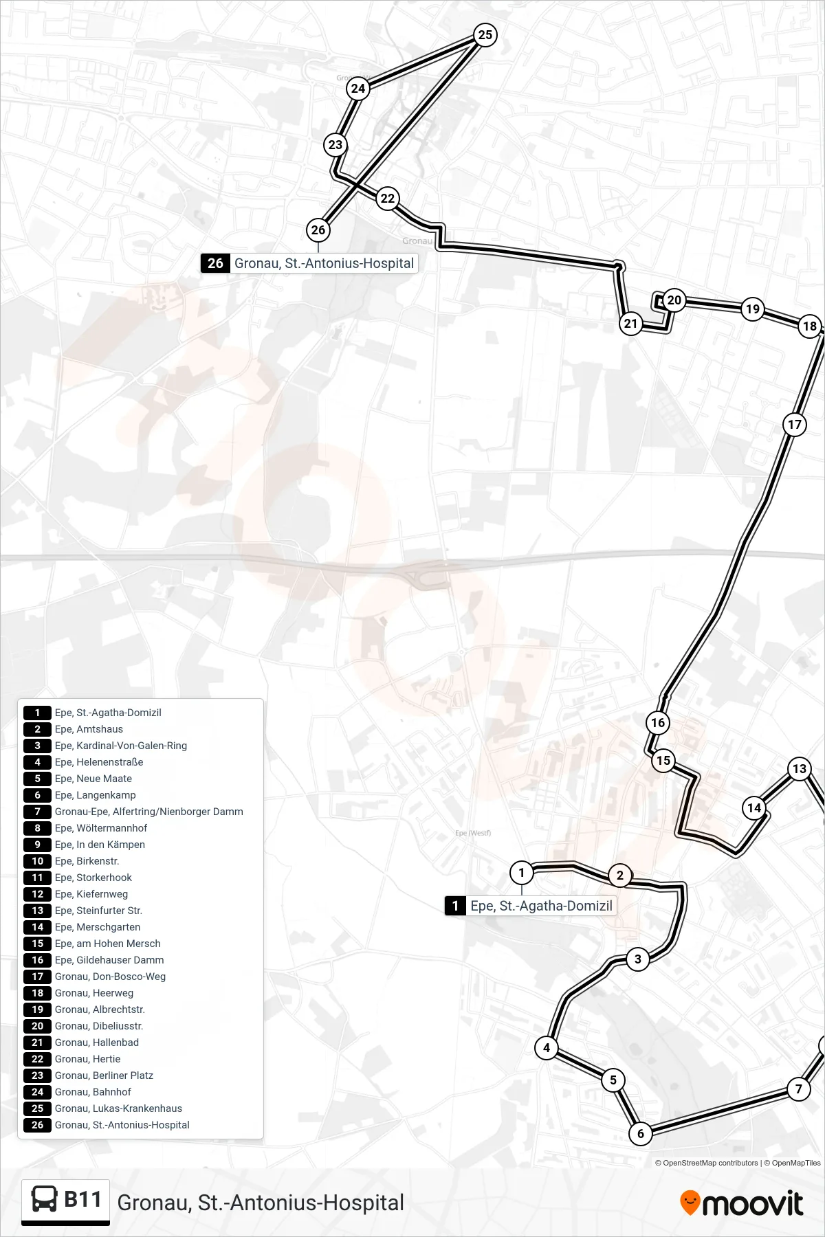 B11 bus Line (Gronau, St.-Antonius-Hospital) route and stops on a map