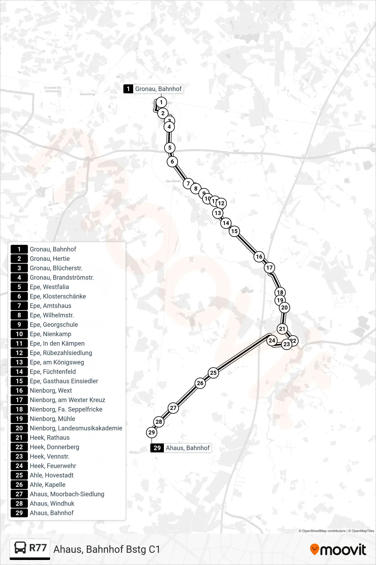 R77 bus Line (Ahaus, Bahnhof Bstg C1) route and stops on a map