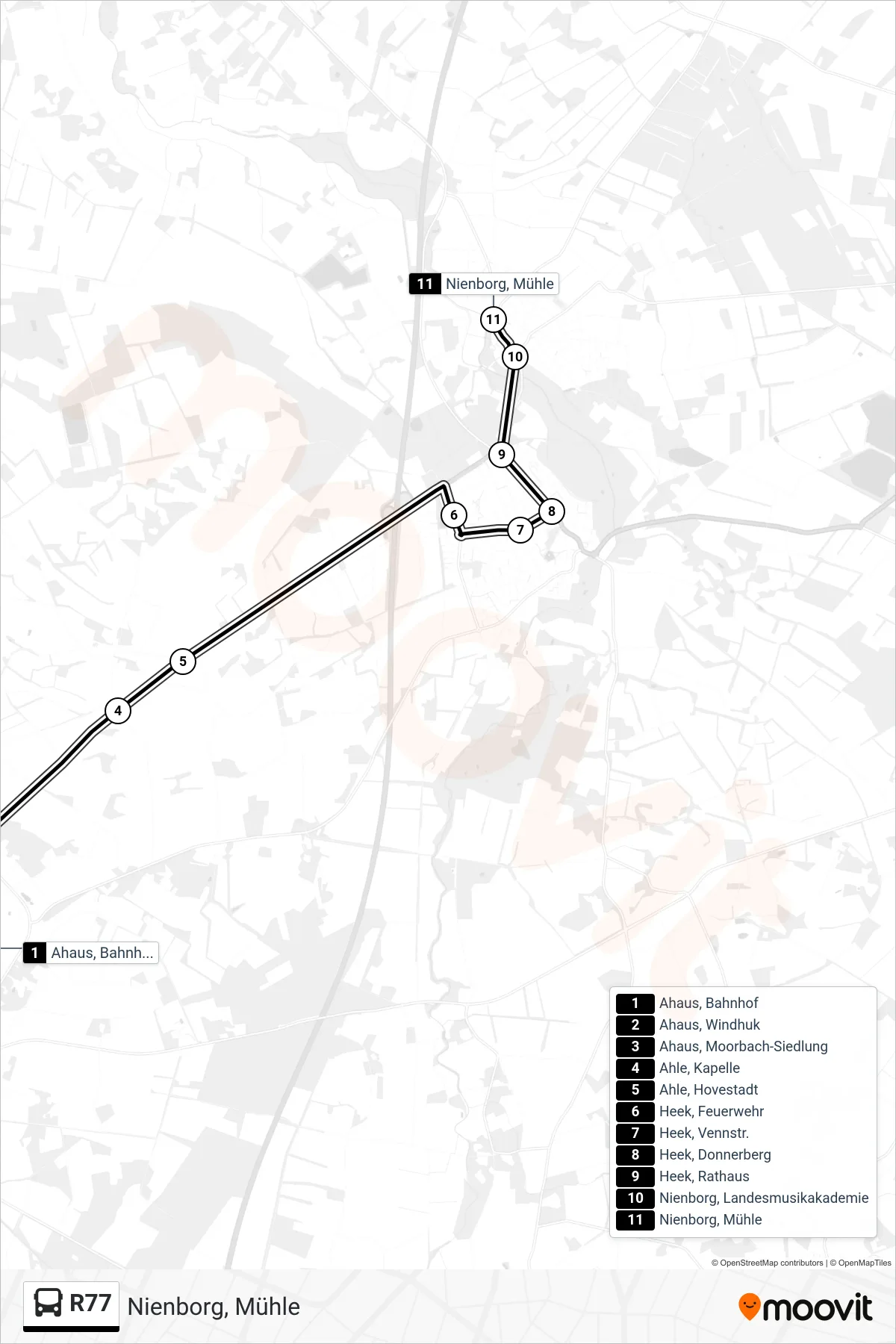 R77 bus Line (Nienborg, Mühle) route and stops on a map