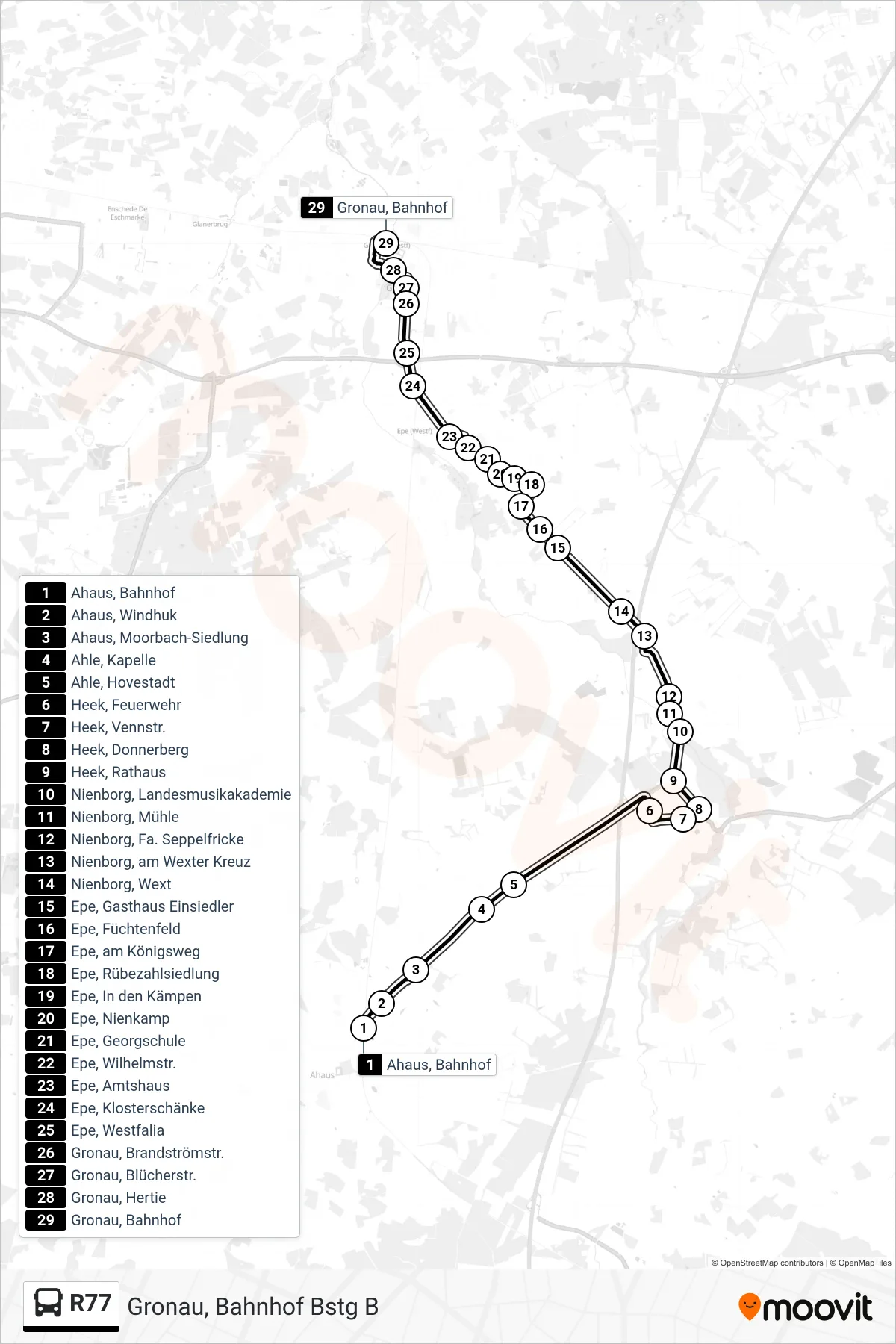R77 bus Line (Gronau, Bahnhof Bstg B) route and stops on a map