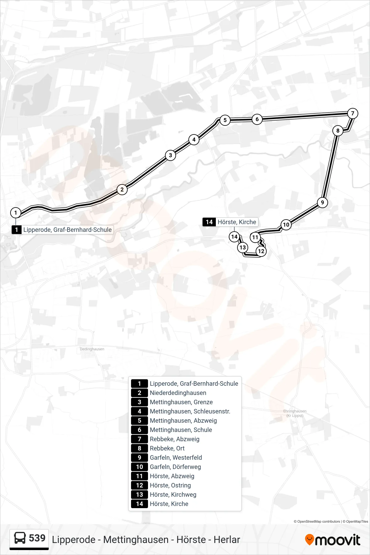 539 bus Line (Hörste) route and stops on a map