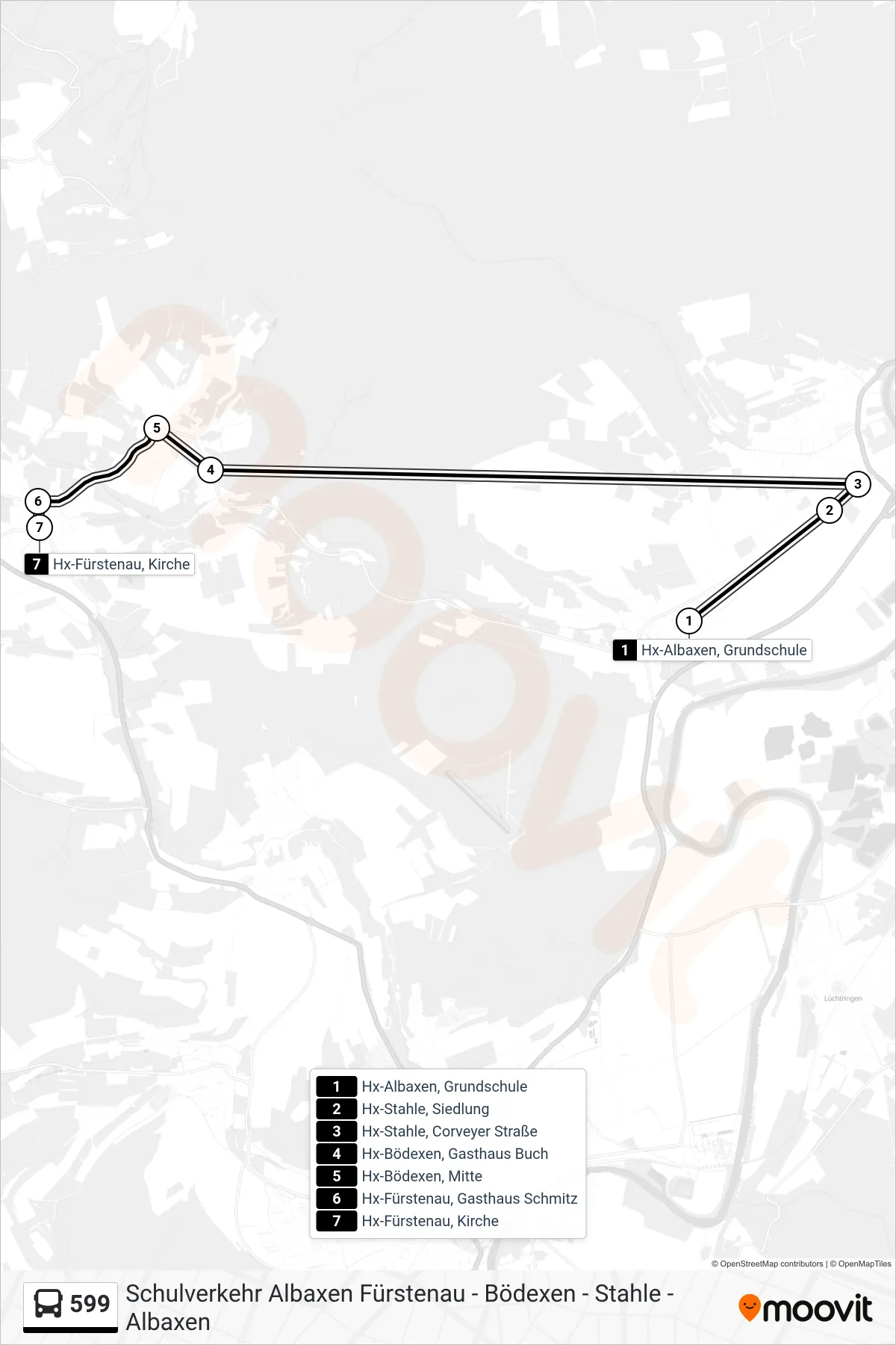 599 bus Line (Hx-Fürstenau, Kirche) route and stops on a map