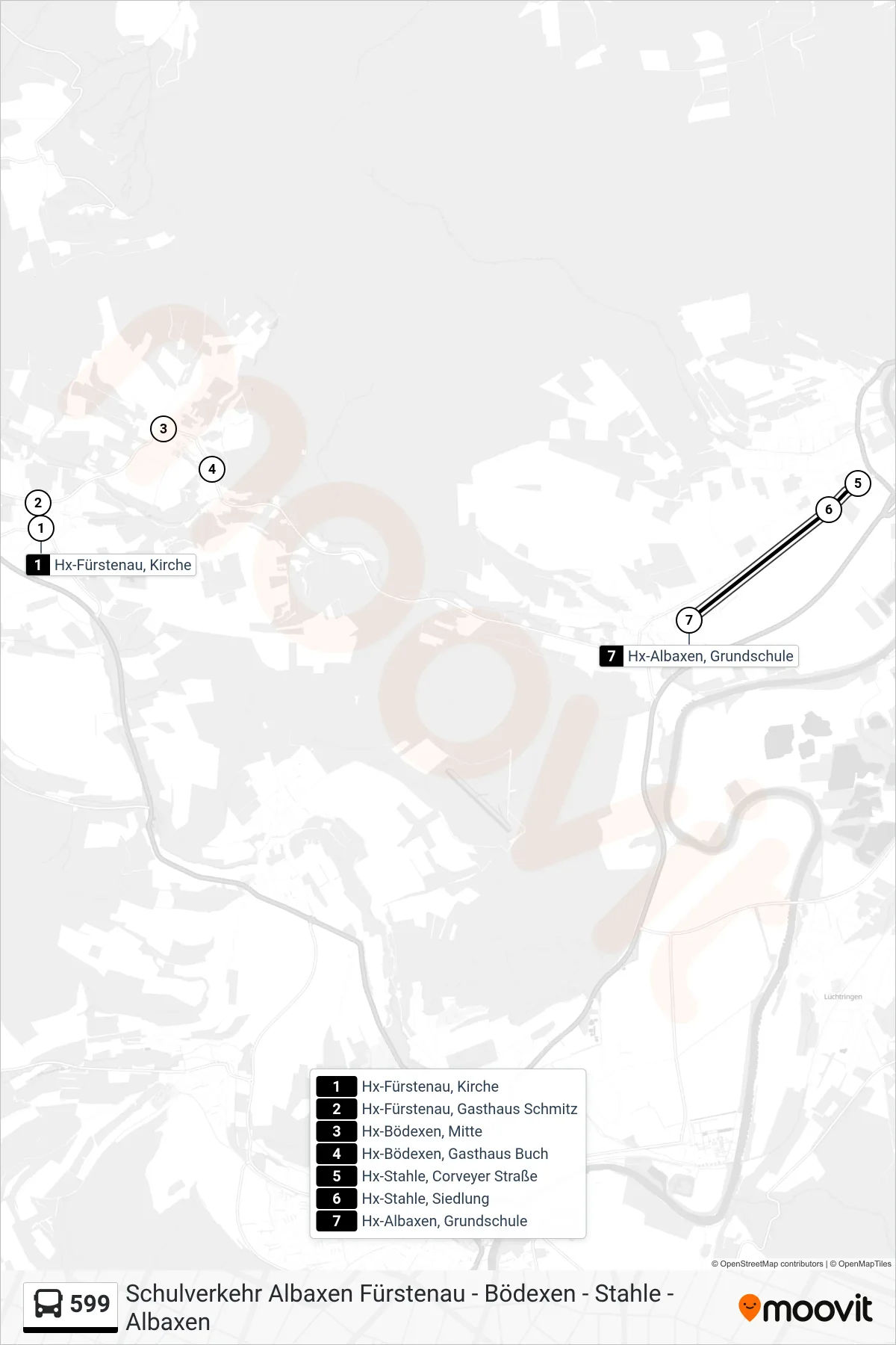 599 bus Line (Hx-Albaxen, Grundschule) route and stops on a map