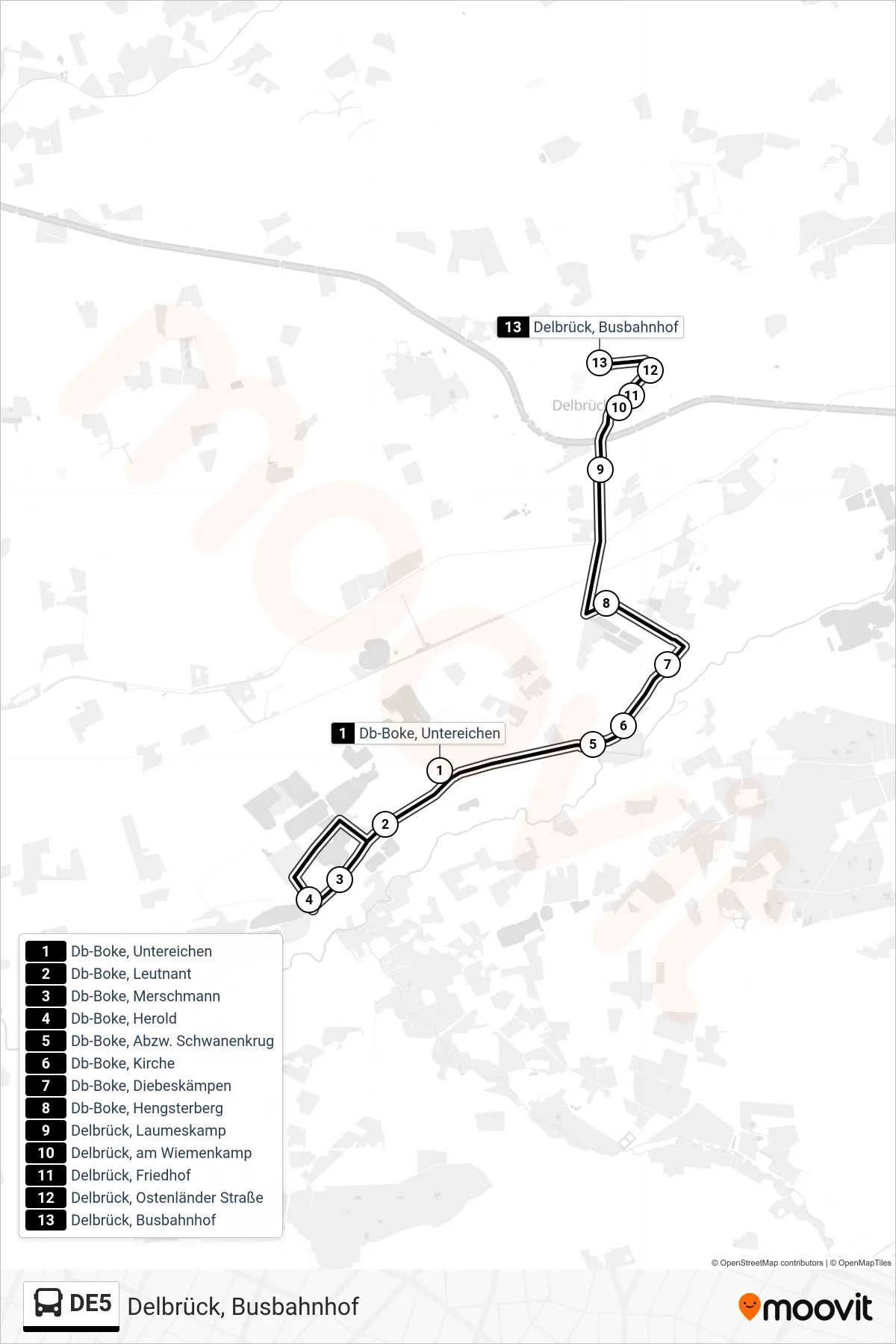 Linie DE5 (Bus) Richtung Delbrück, Busbahnhof: Route und Haltestellen auf der Karte