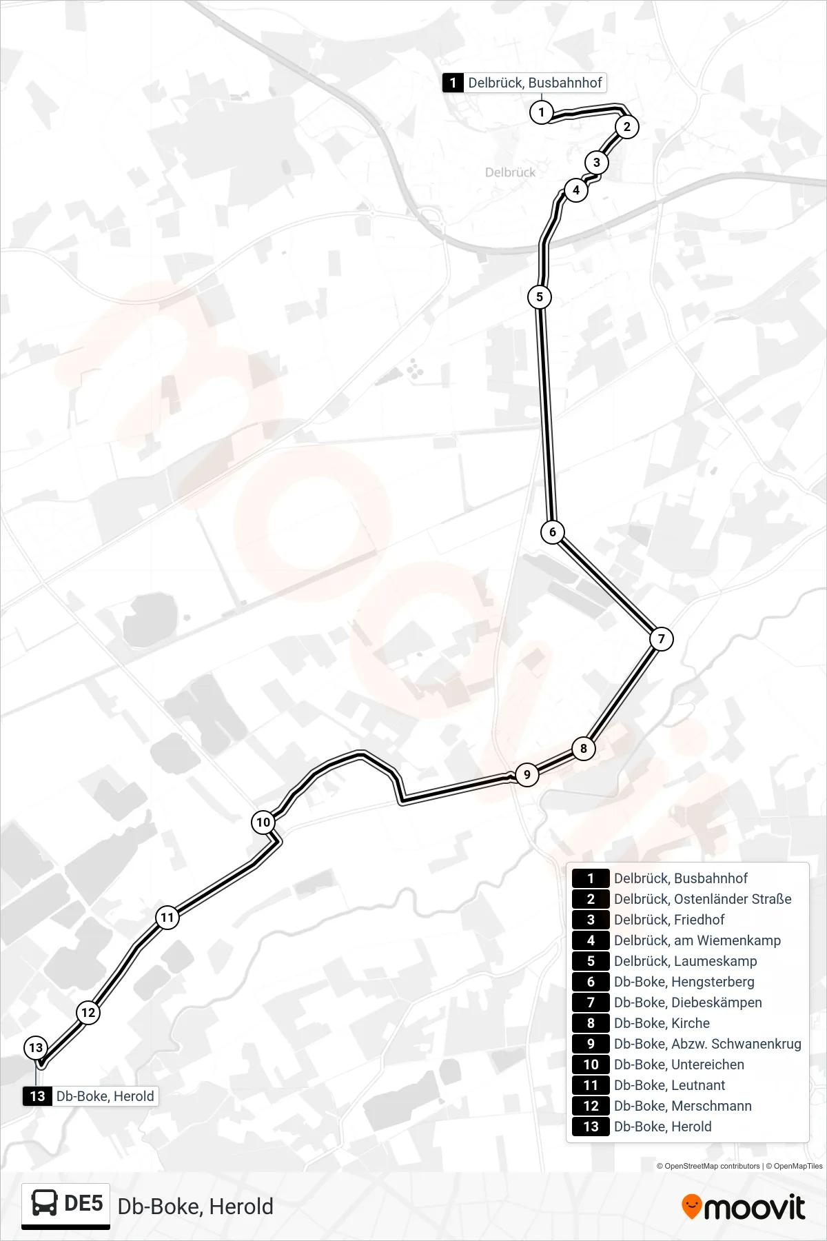 DE5 bus Line (Db-Boke, Herold) route and stops on a map