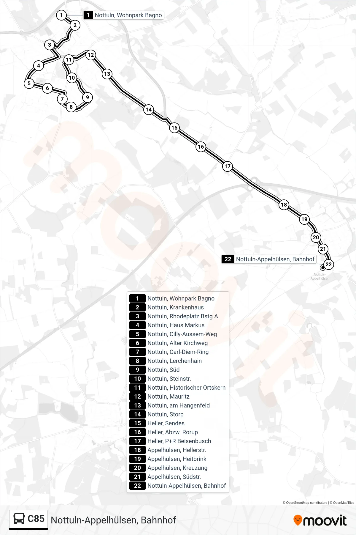 C85 bus Line (Nottuln-Appelhülsen, Bahnhof) route and stops on a map