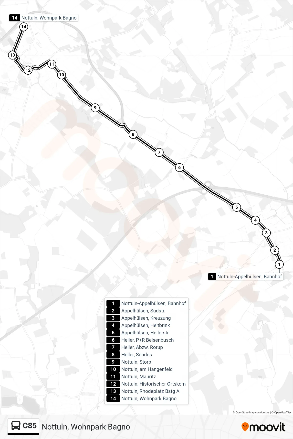 Linie C85 (Bus) Richtung Nottuln, Wohnpark Bagno: Route und Haltestellen auf der Karte