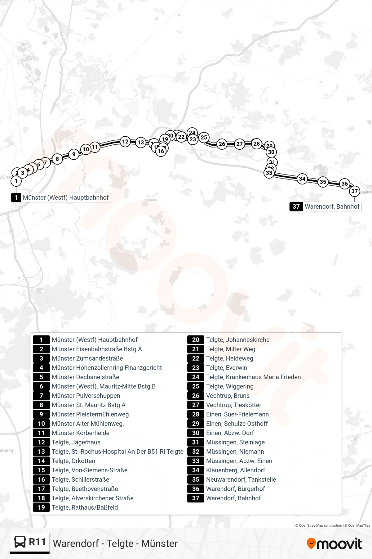 R11 tram Line (Warendorf) route and stops on a map