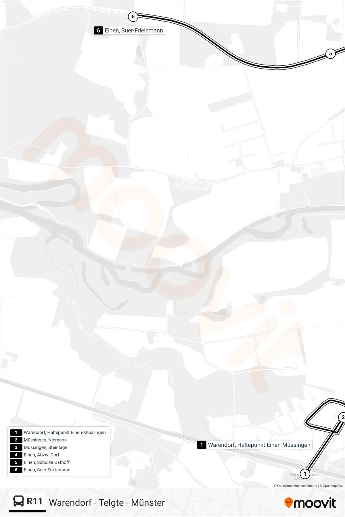 R11 tram Line (Einen, Suer-Frielemann) route and stops on a map