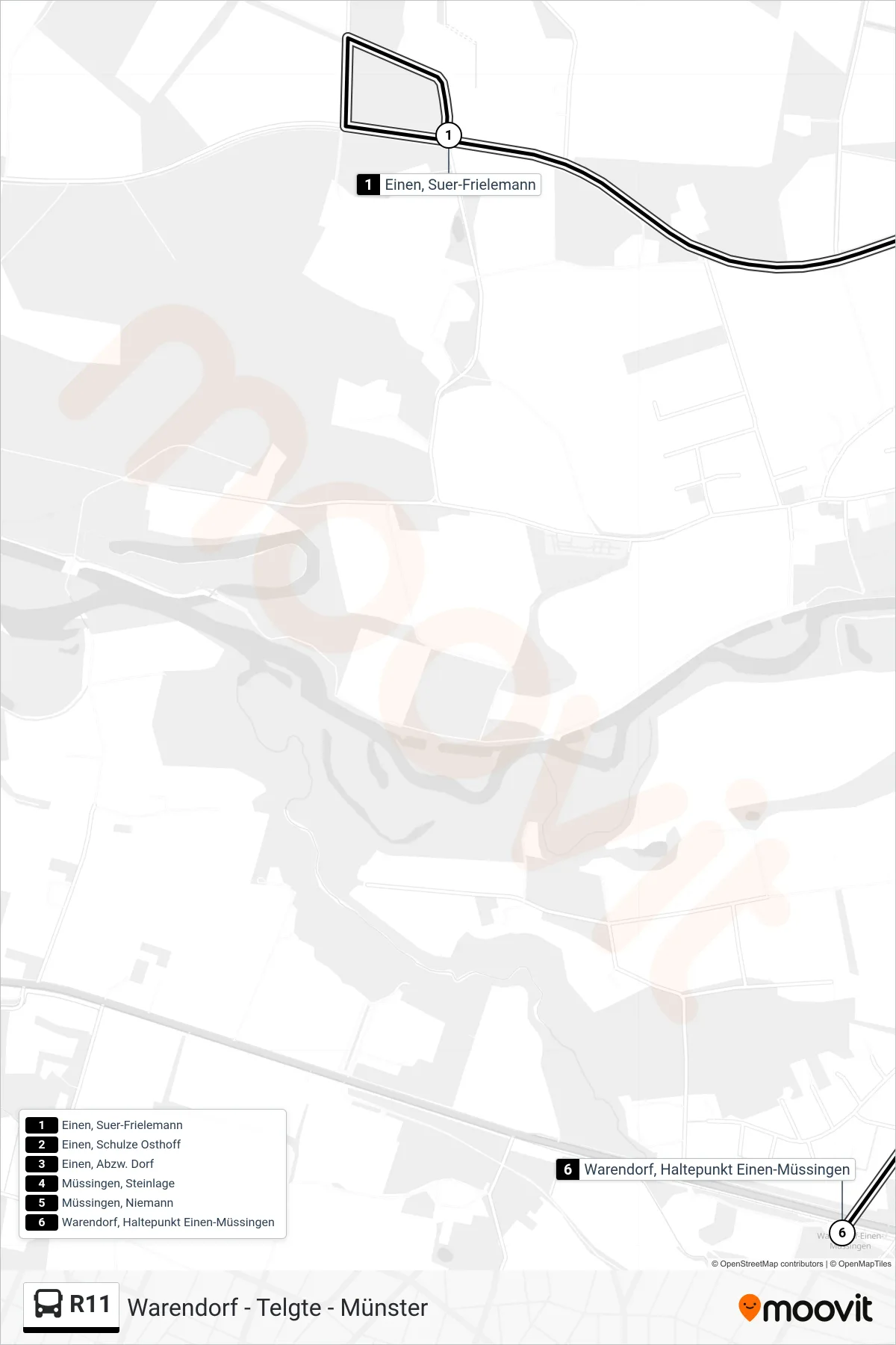 R11 tram Line (Warendorf, Haltepunkt Einen-Müssingen) route and stops on a map