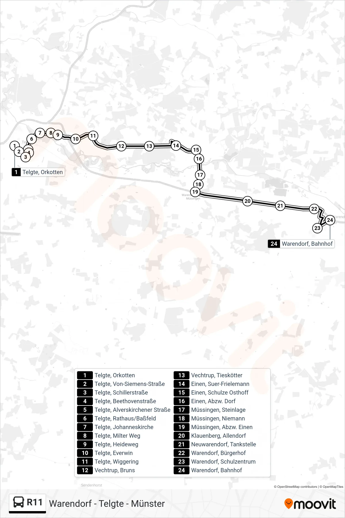R11 tram Line (Warendorf, Bahnhof Bstg 4d) route and stops on a map