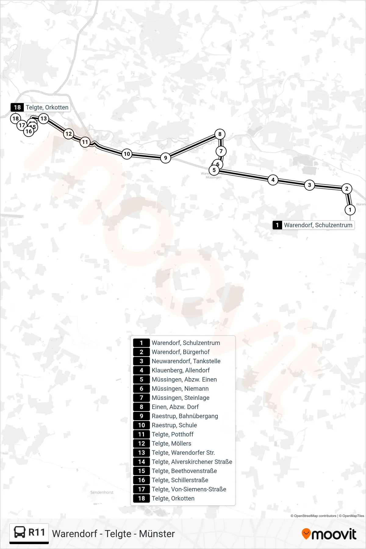 Linie R11 (Tram) Richtung Telgte: Route und Haltestellen auf der Karte