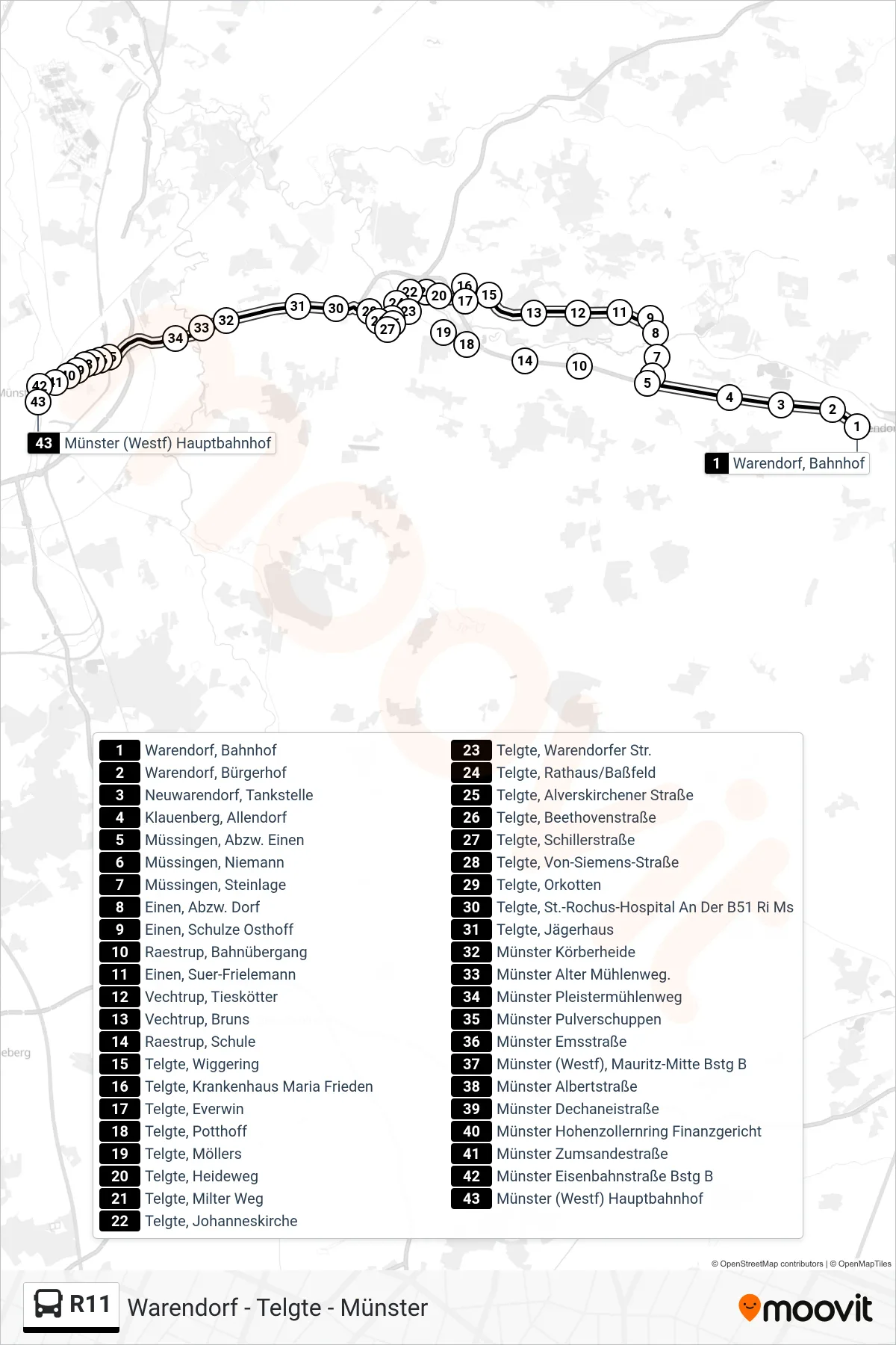 R11 tram Line (Münster (Westf)  Hauptbahnhof Bstg D1) route and stops on a map
