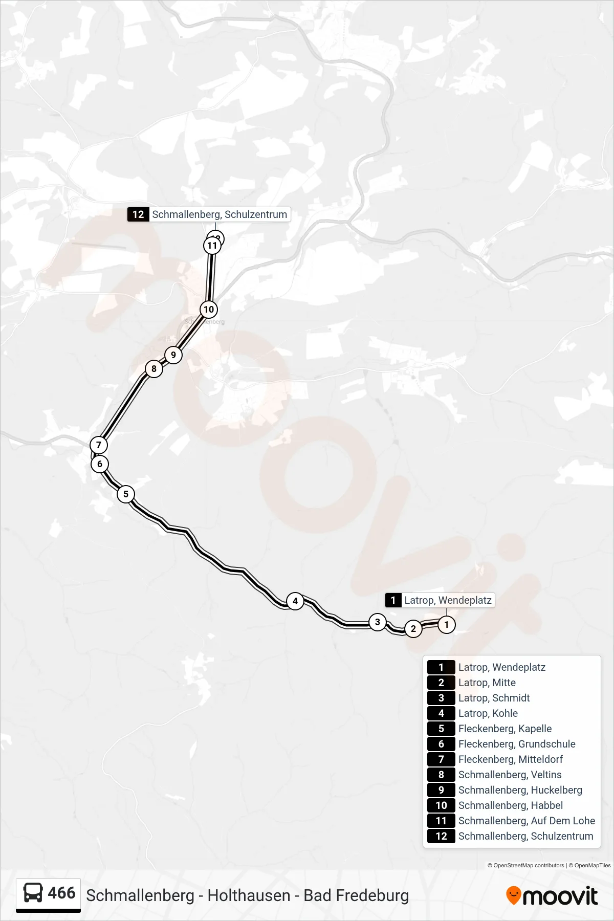 Linie 466 (Bus) Richtung Schmallenberg: Route und Haltestellen auf der Karte