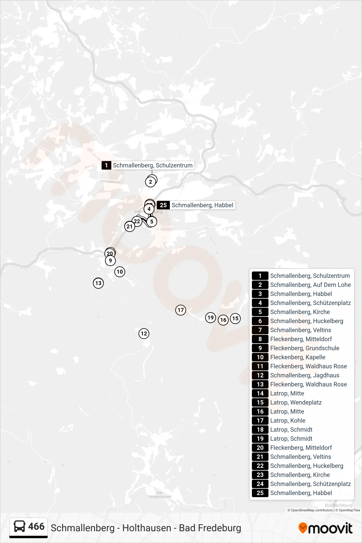 466 bus Line (Schmallenberg, Habbel) route and stops on a map