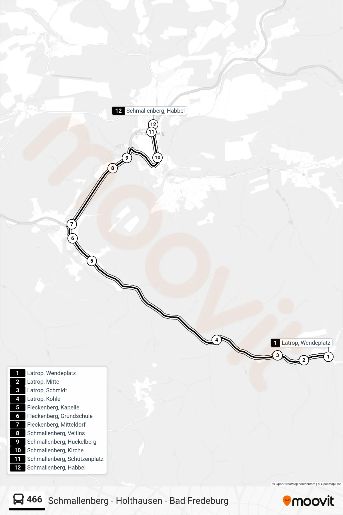 466 bus Line (Habbel) route and stops on a map