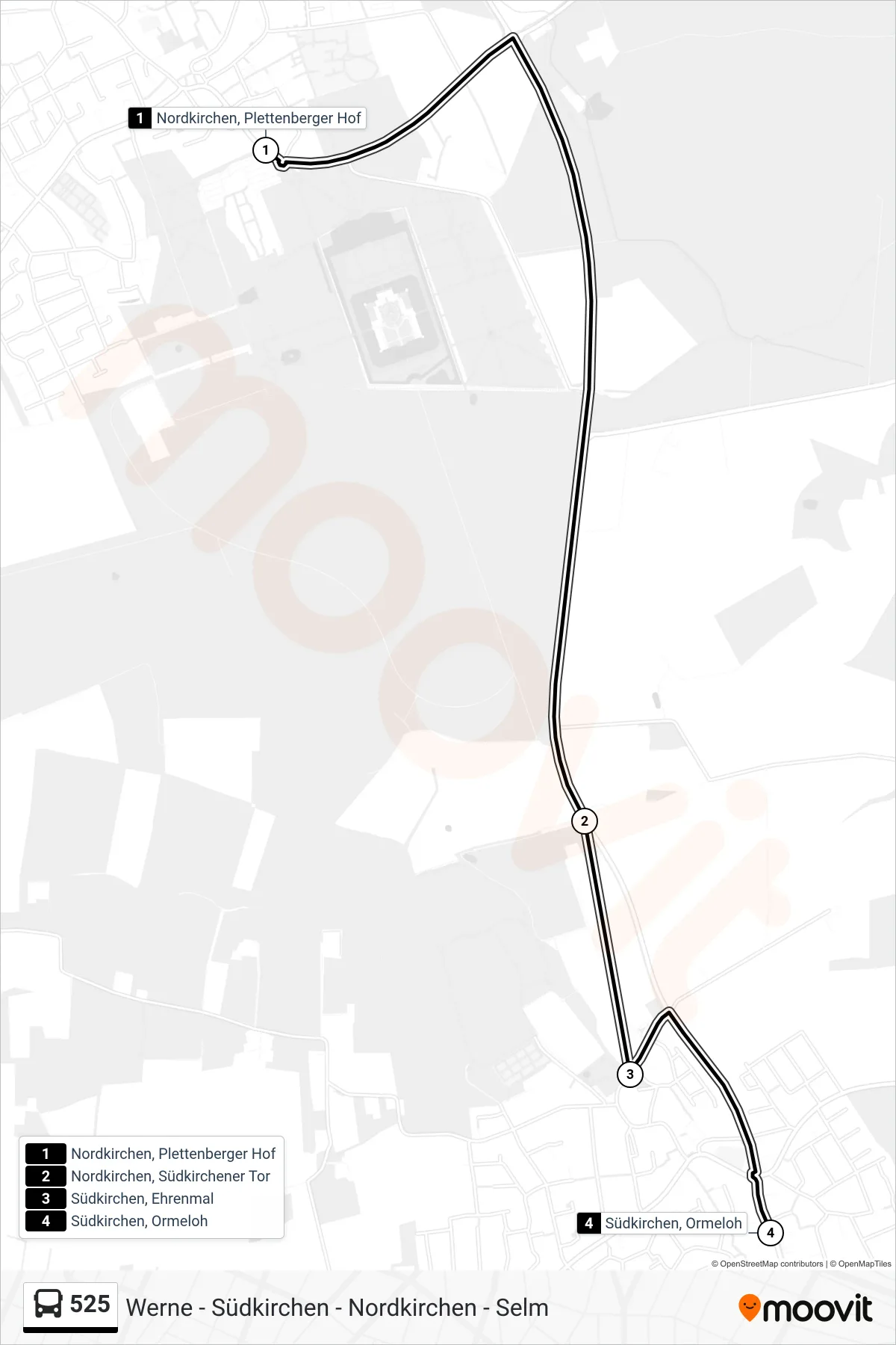 525 bus Line (Südkirchen, Ormeloh) route and stops on a map