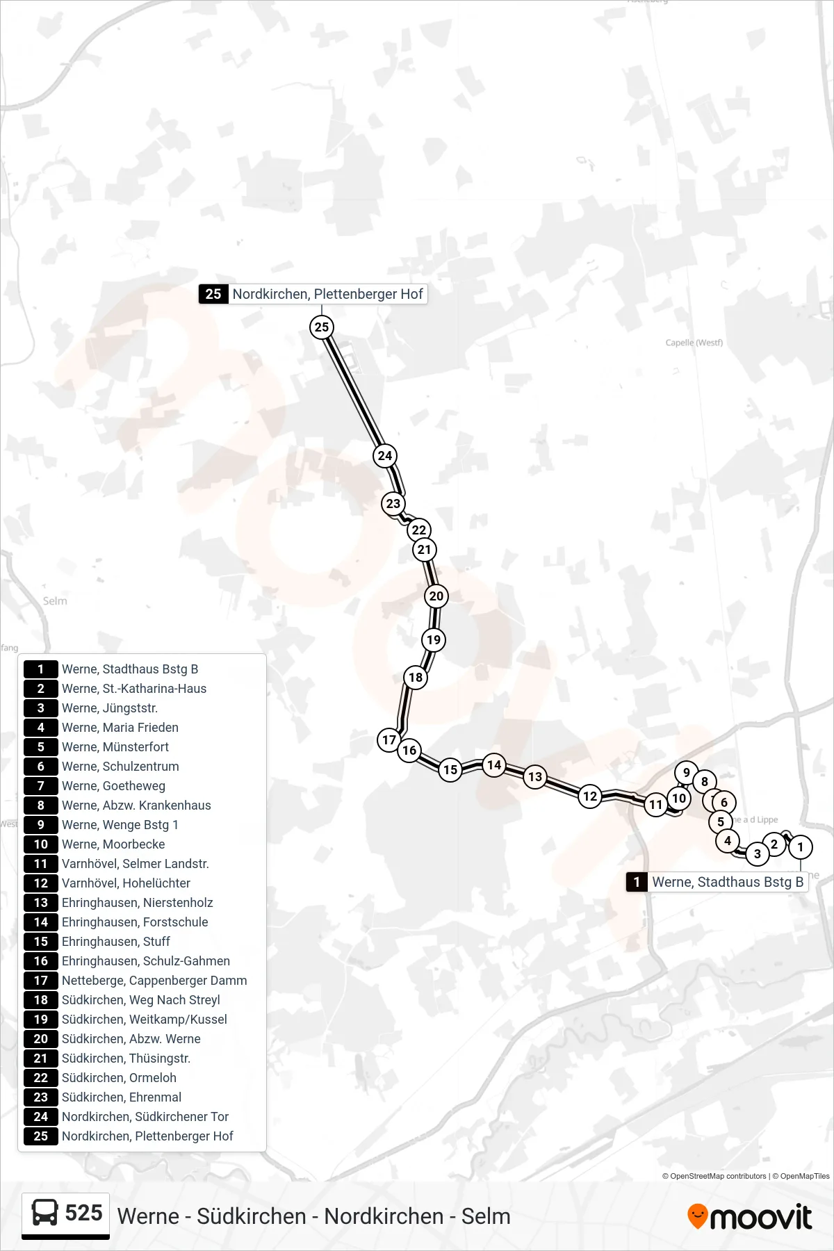 525 bus Line (Nordkirchen, Plettenberger Hof) route and stops on a map