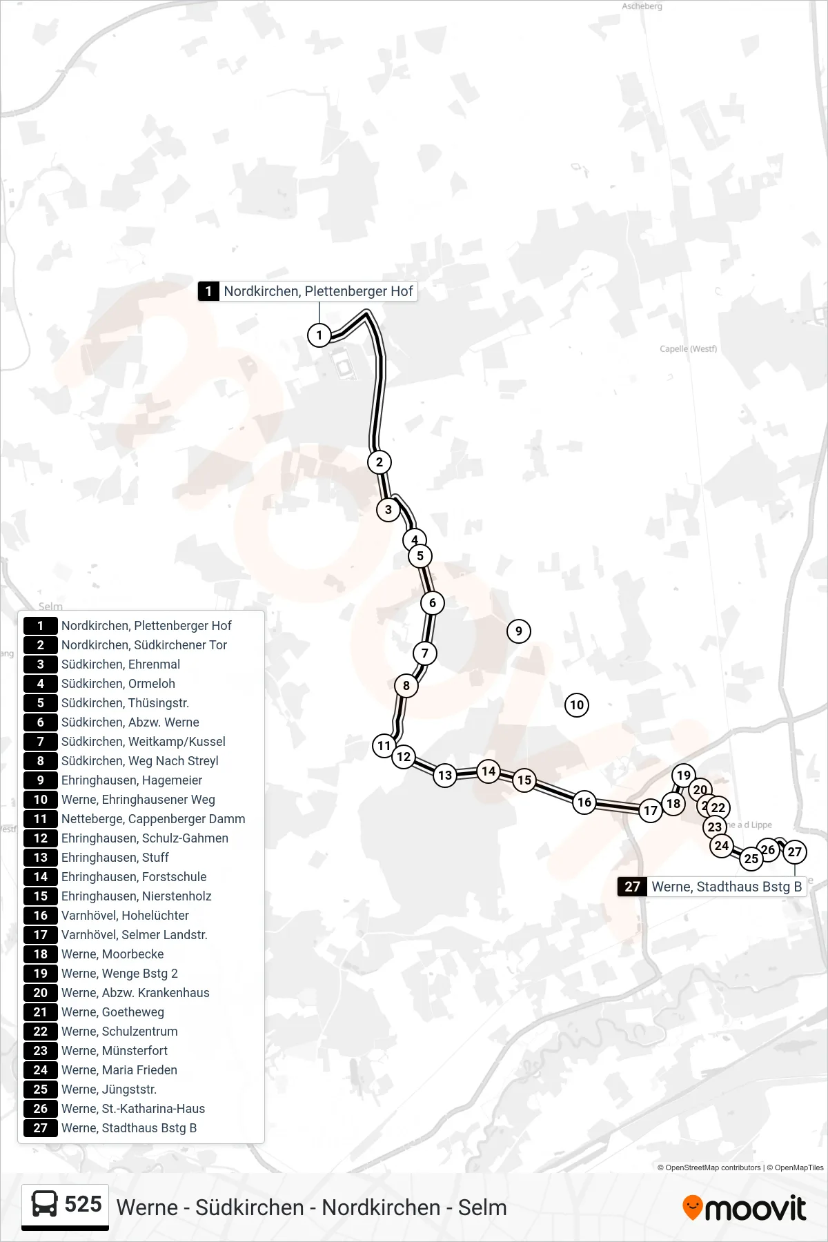 525 bus Line (Werne, Stadthaus Bstg B) route and stops on a map