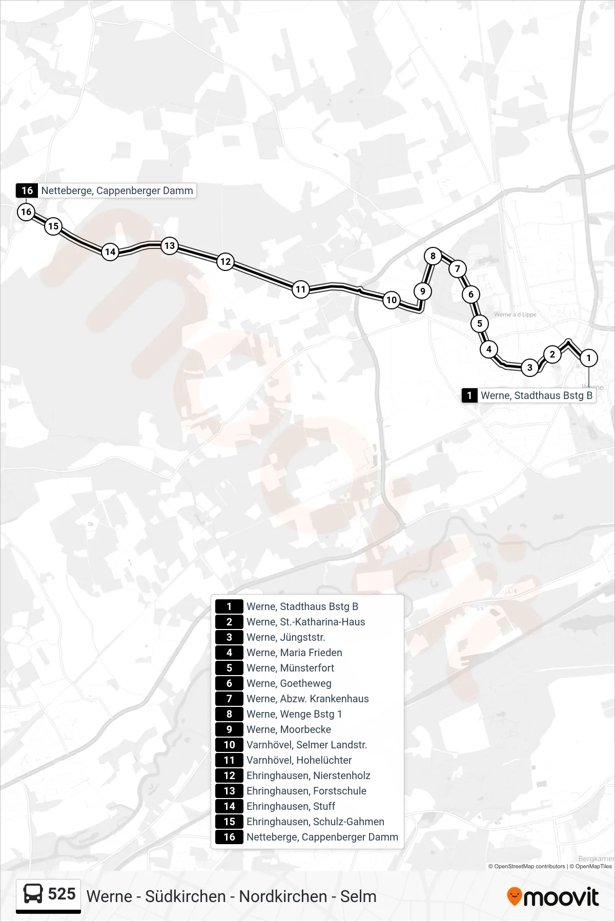 525 bus Line (Netteberge, Cappenberger Damm) route and stops on a map