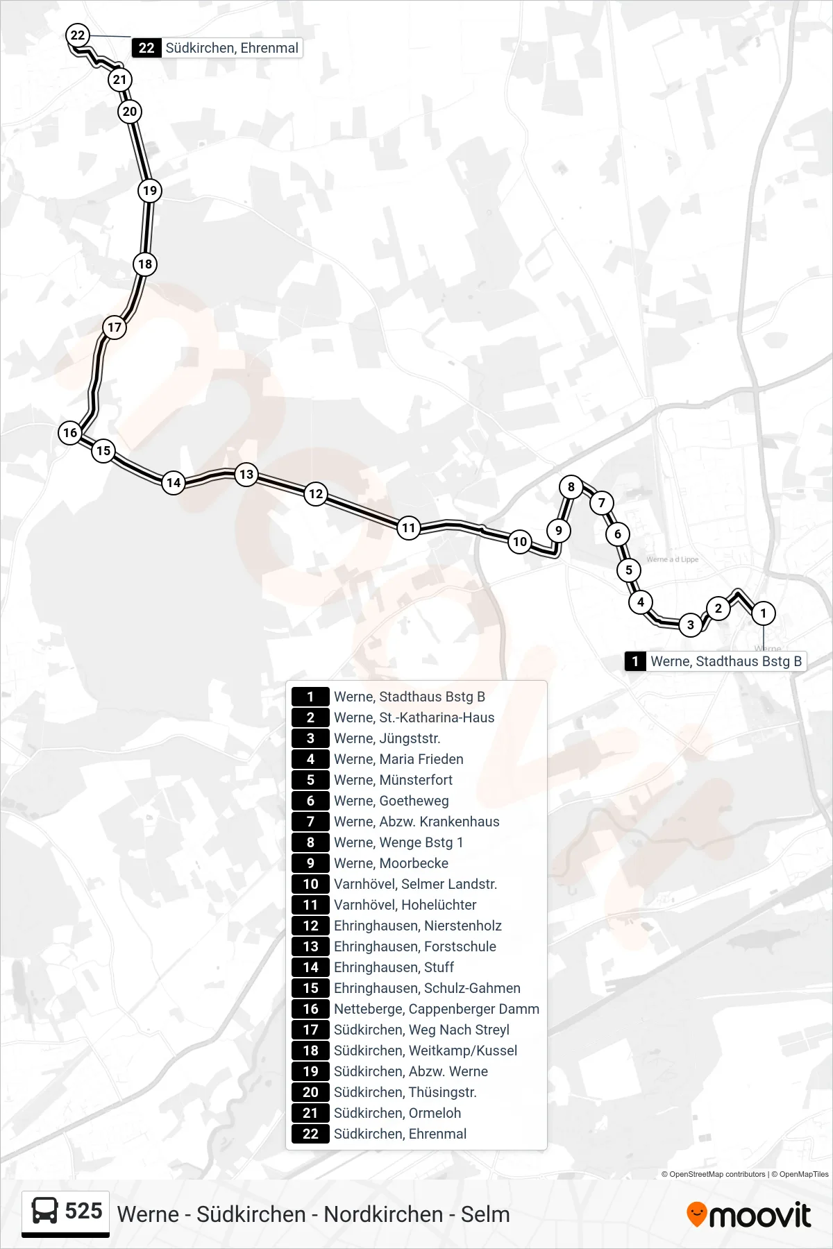 525 bus Line (Südkirchen, Ehrenmal) route and stops on a map