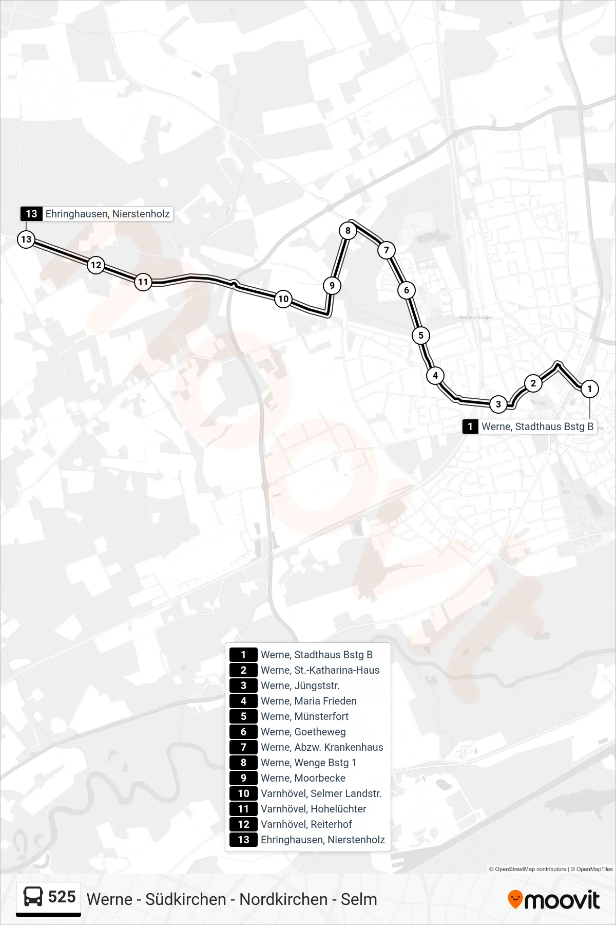 525 bus Line (Ehringhausen, Nierstenholz) route and stops on a map