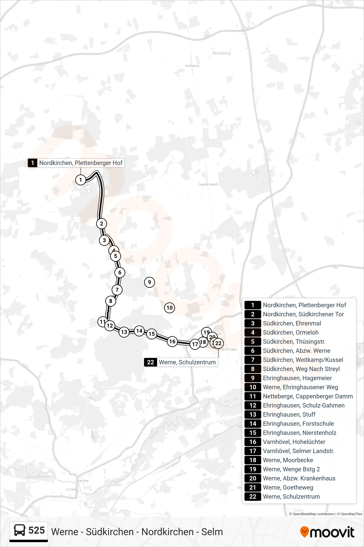 525 bus Line (Werne, Schulzentrum) route and stops on a map