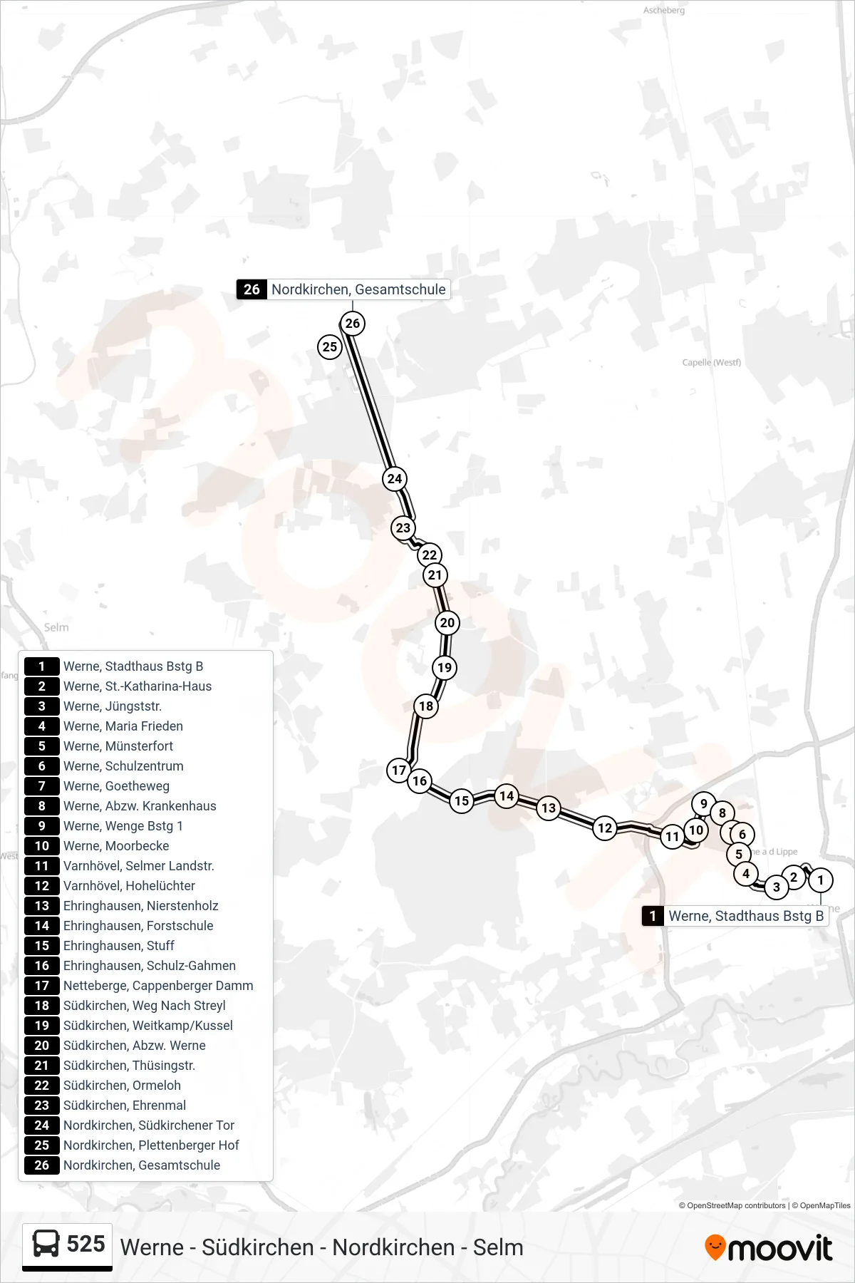 Linie 525 (Bus) Richtung Nordkirchen, Gesamtschule: Route und Haltestellen auf der Karte