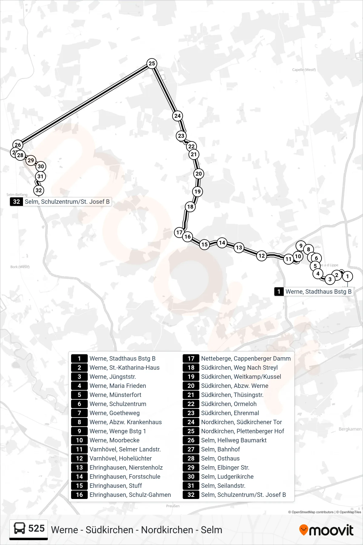 525 bus Line (Selm, Schulzentrum/St. Josef B) route and stops on a map