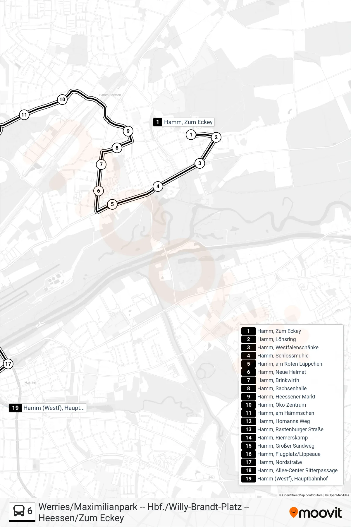 Linie 6 (Bus) Richtung Hamm (Westf), Hauptbahnhof Bstg 3: Route und Haltestellen auf der Karte