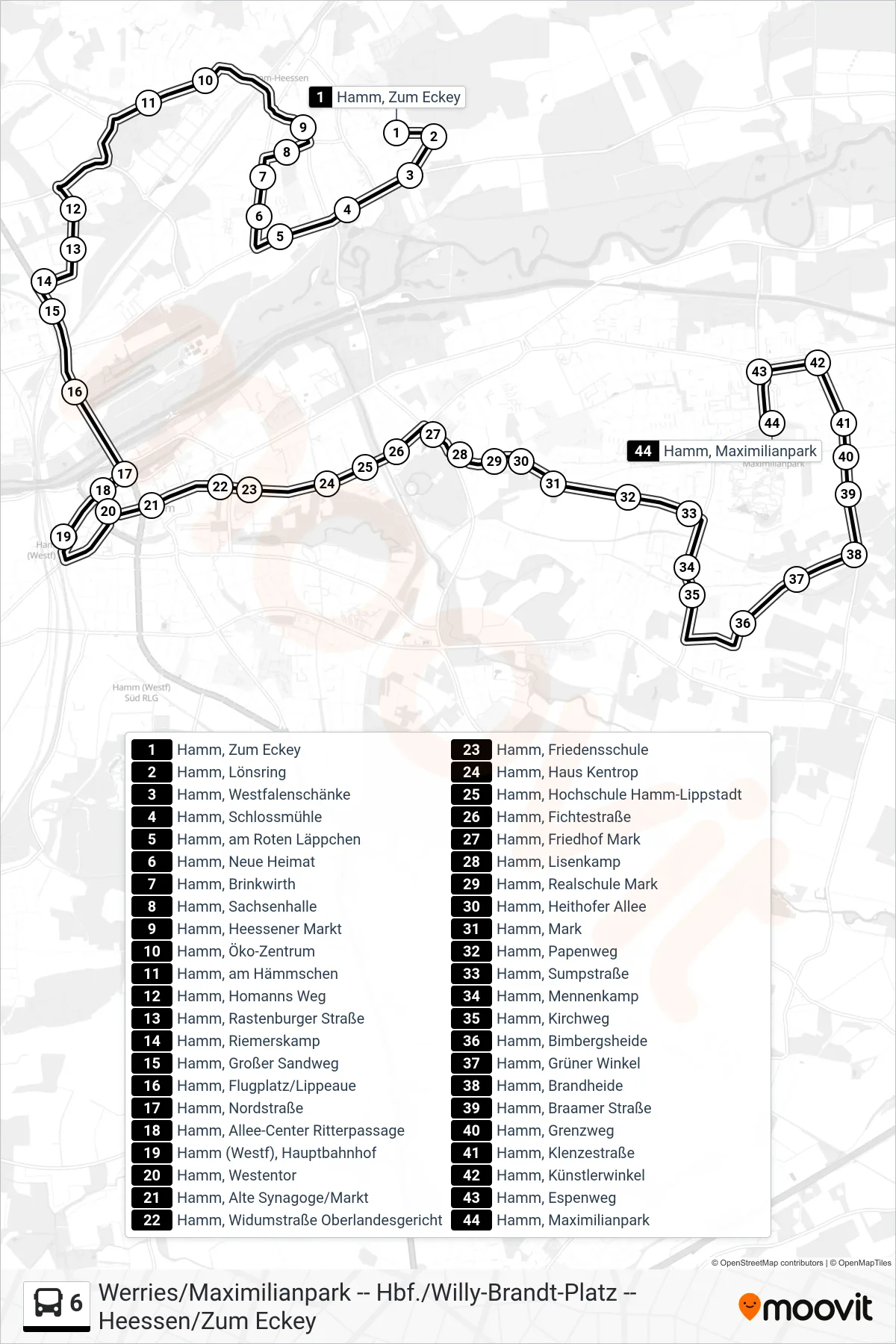 Linie 6 (Bus) Richtung Hamm, Maximilianpark: Route und Haltestellen auf der Karte