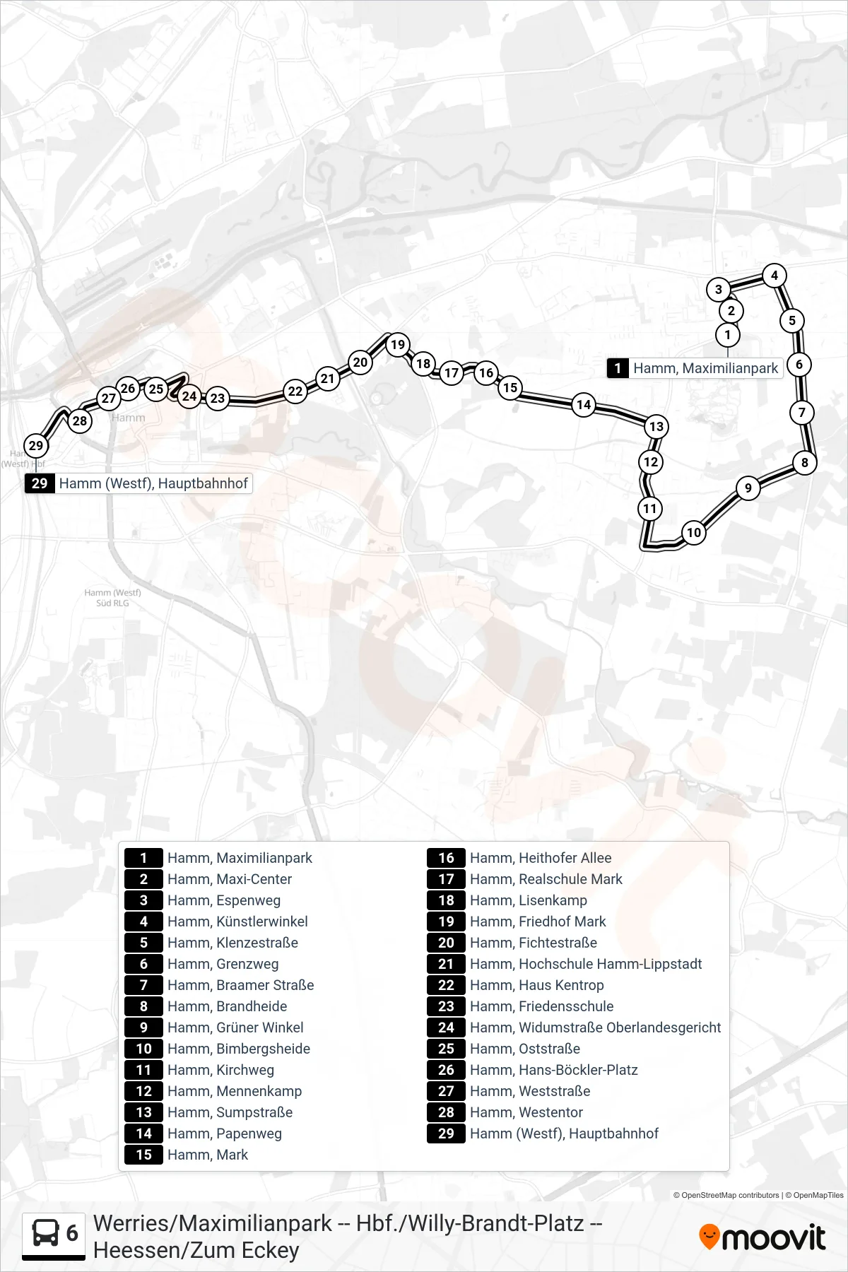 6 bus Line (Hamm (Westf), Hauptbahnhof Bstg 3) route and stops on a map