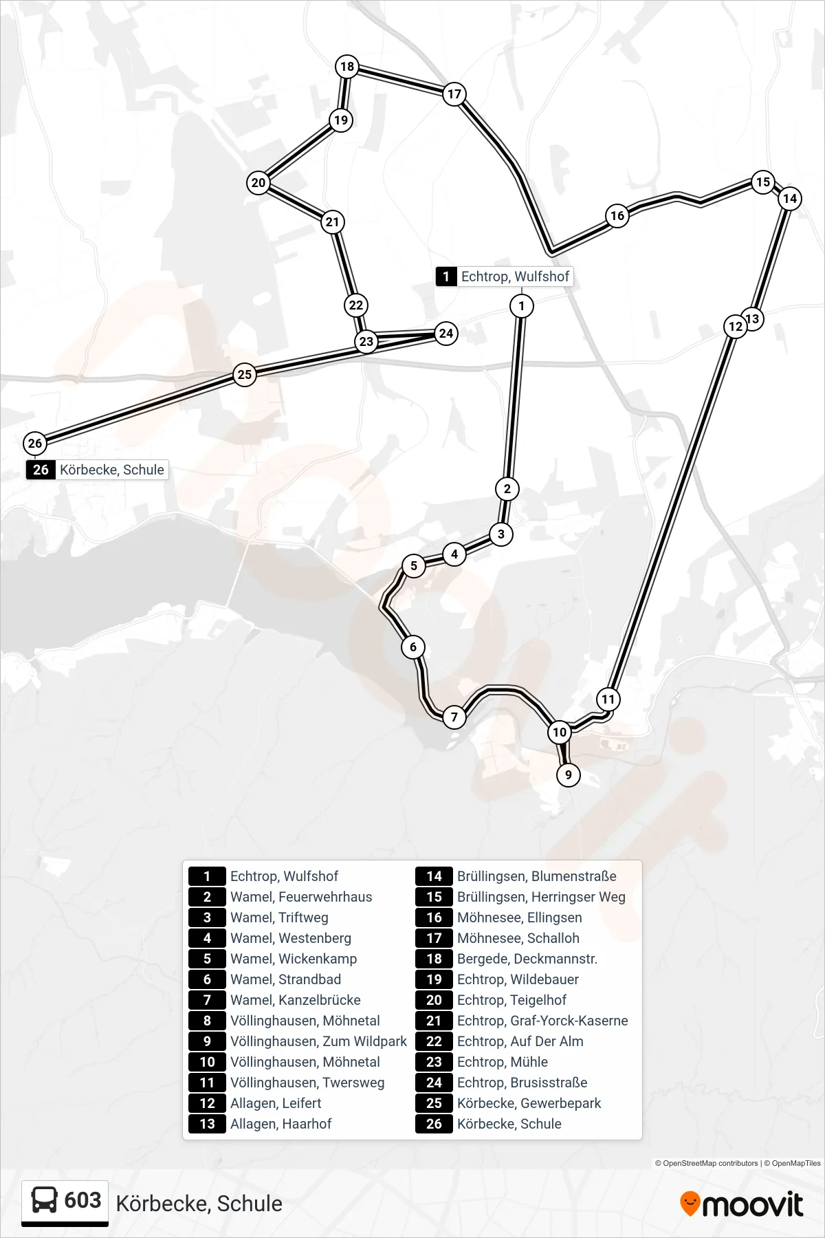 603 bus Line (Körbecke, Schule) route and stops on a map