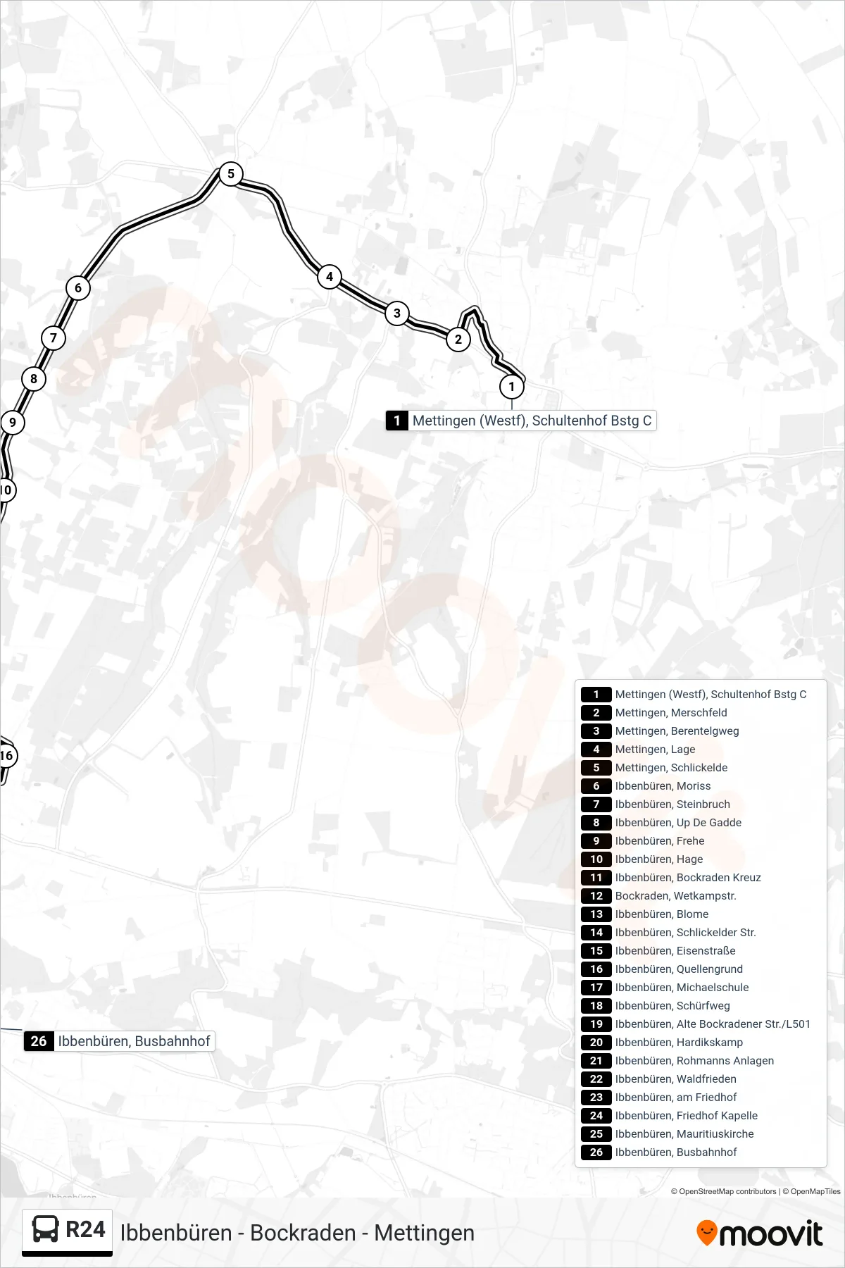 Linie R24 (Bus) Richtung Ibbenbüren, Busbahnhof Bstg D: Route und Haltestellen auf der Karte