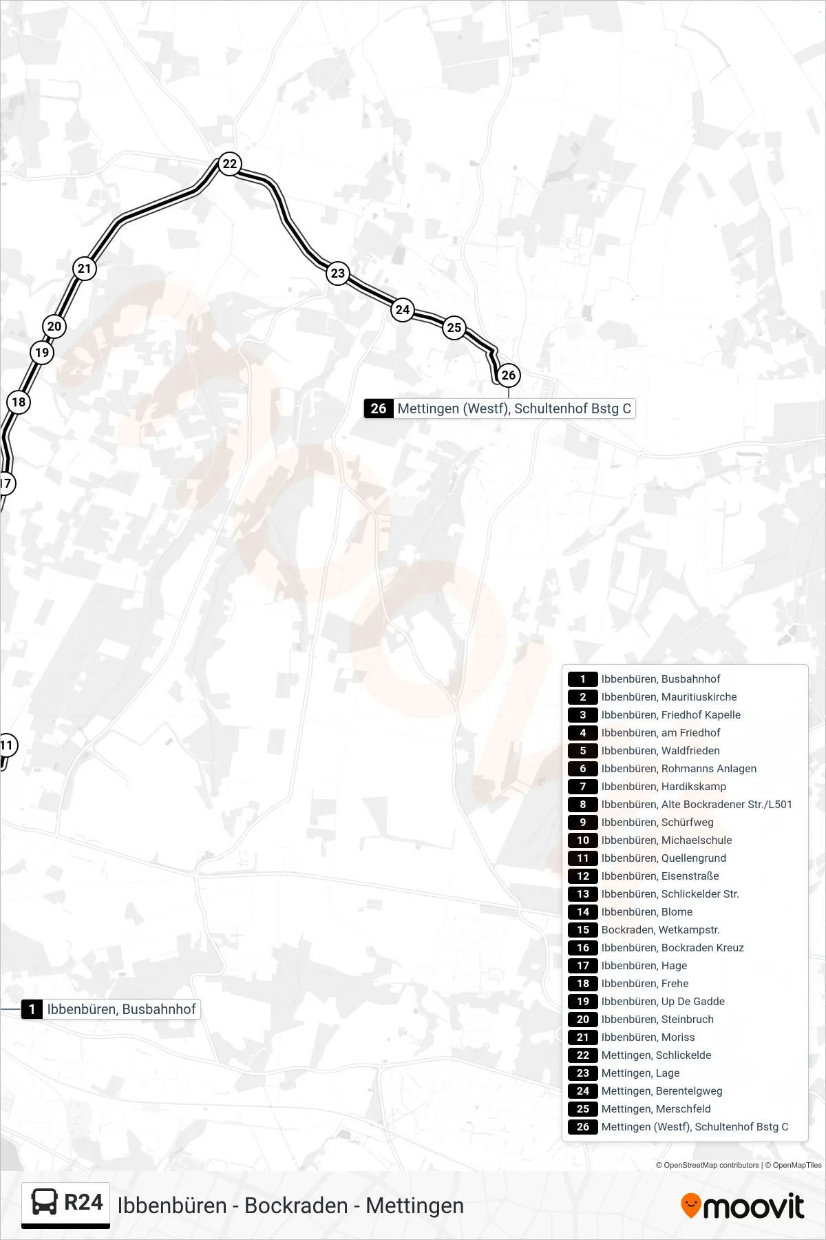 Linie R24 (Bus) Richtung Mettingen (Westf), Schultenhof Bstg C: Route und Haltestellen auf der Karte