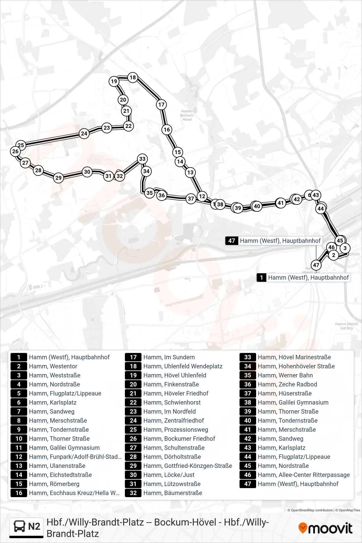 Linie N2 (Bus) Richtung Hamm (Westf), Hauptbahnhof Bstg 6: Route und Haltestellen auf der Karte