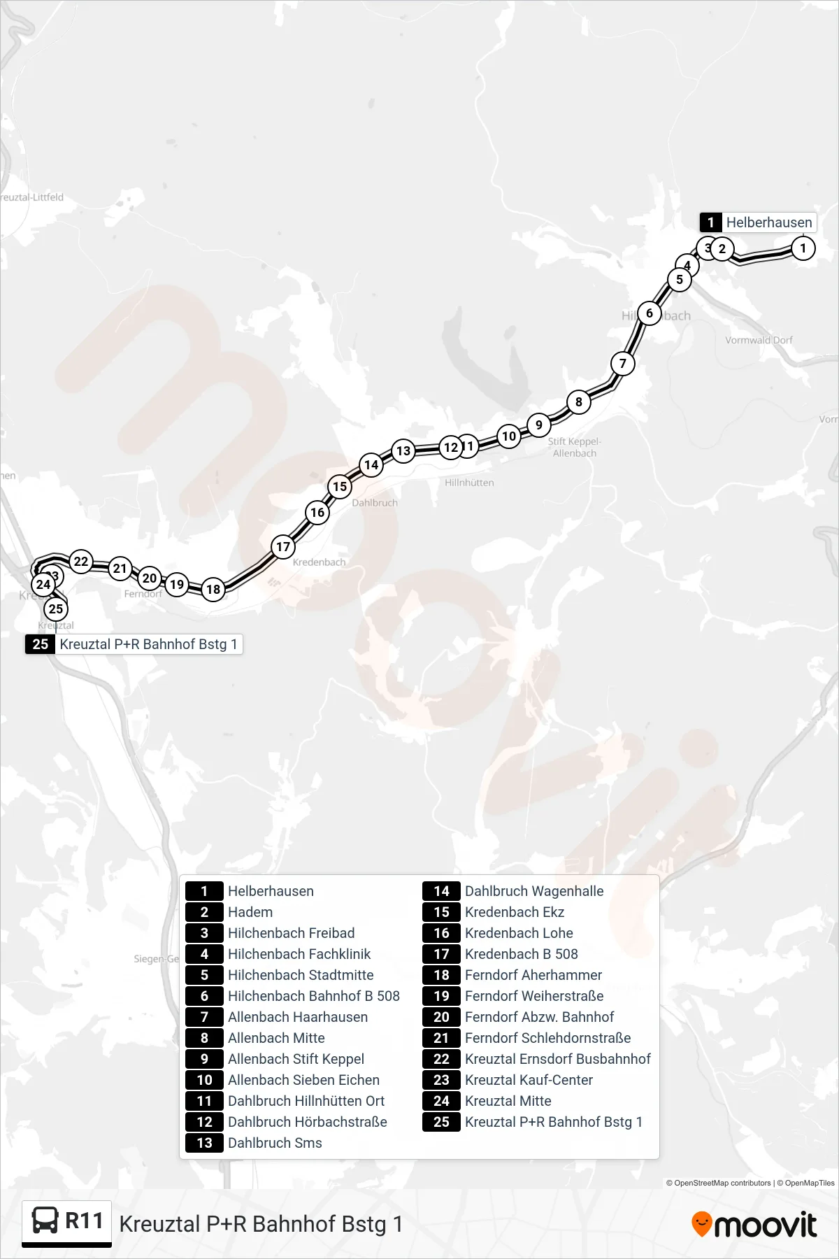R11 bus Line (Kreuztal P+R Bahnhof Bstg 1) route and stops on a map