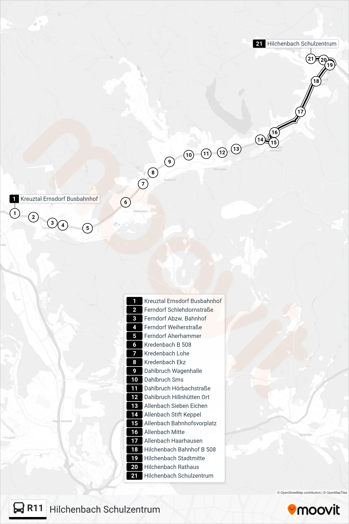 R11 bus Line (Hilchenbach Schulzentrum) route and stops on a map