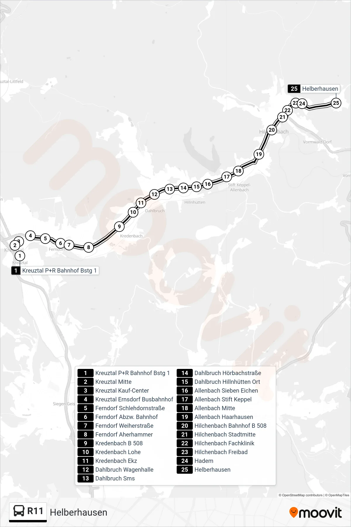 R11 bus Line (Helberhausen) route and stops on a map