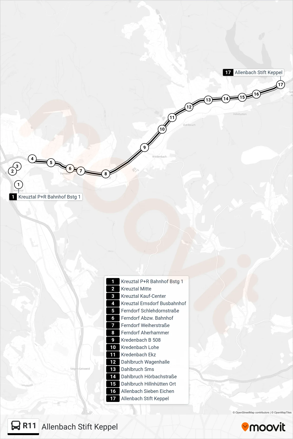 R11 bus Line (Allenbach Stift Keppel) route and stops on a map