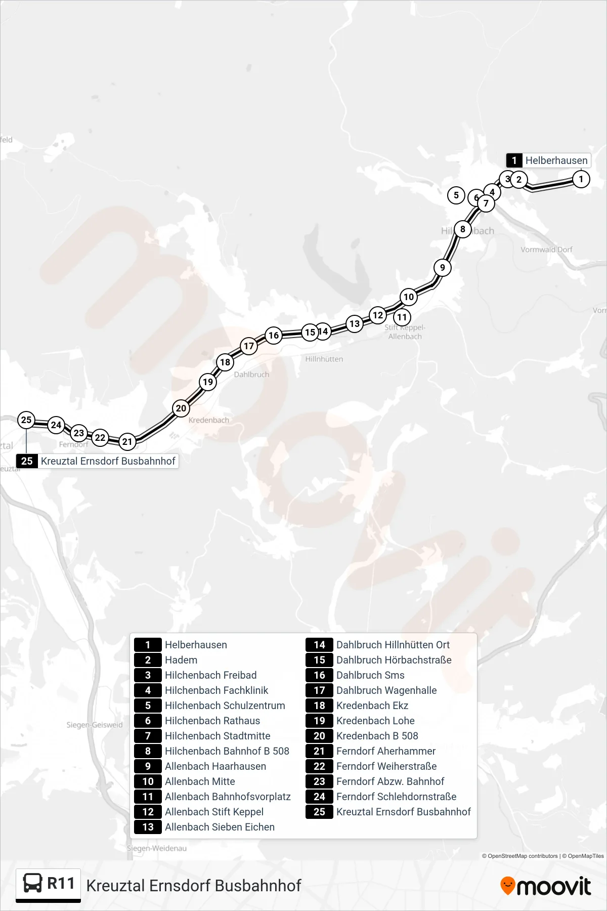 R11 bus Line (Kreuztal Ernsdorf Busbahnhof) route and stops on a map
