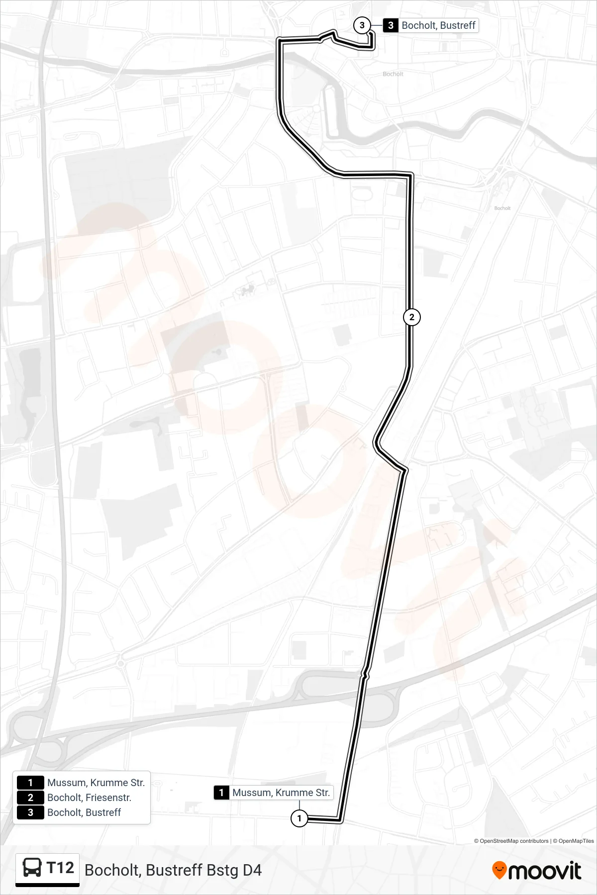 Linie T12 (Tram) Richtung Bocholt, Bustreff Bstg D4: Route und Haltestellen auf der Karte