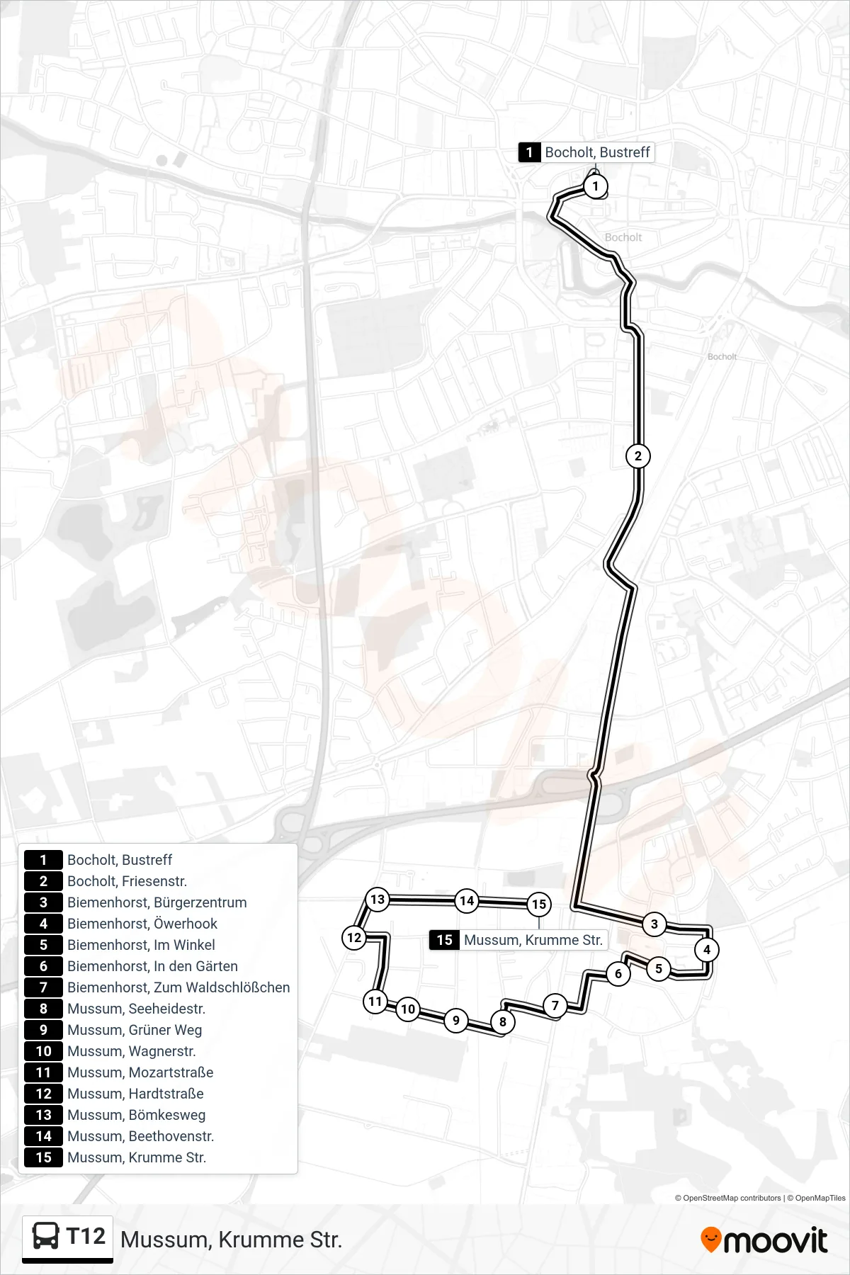 Linie T12 (Tram) Richtung Mussum, Krumme Str.: Route und Haltestellen auf der Karte