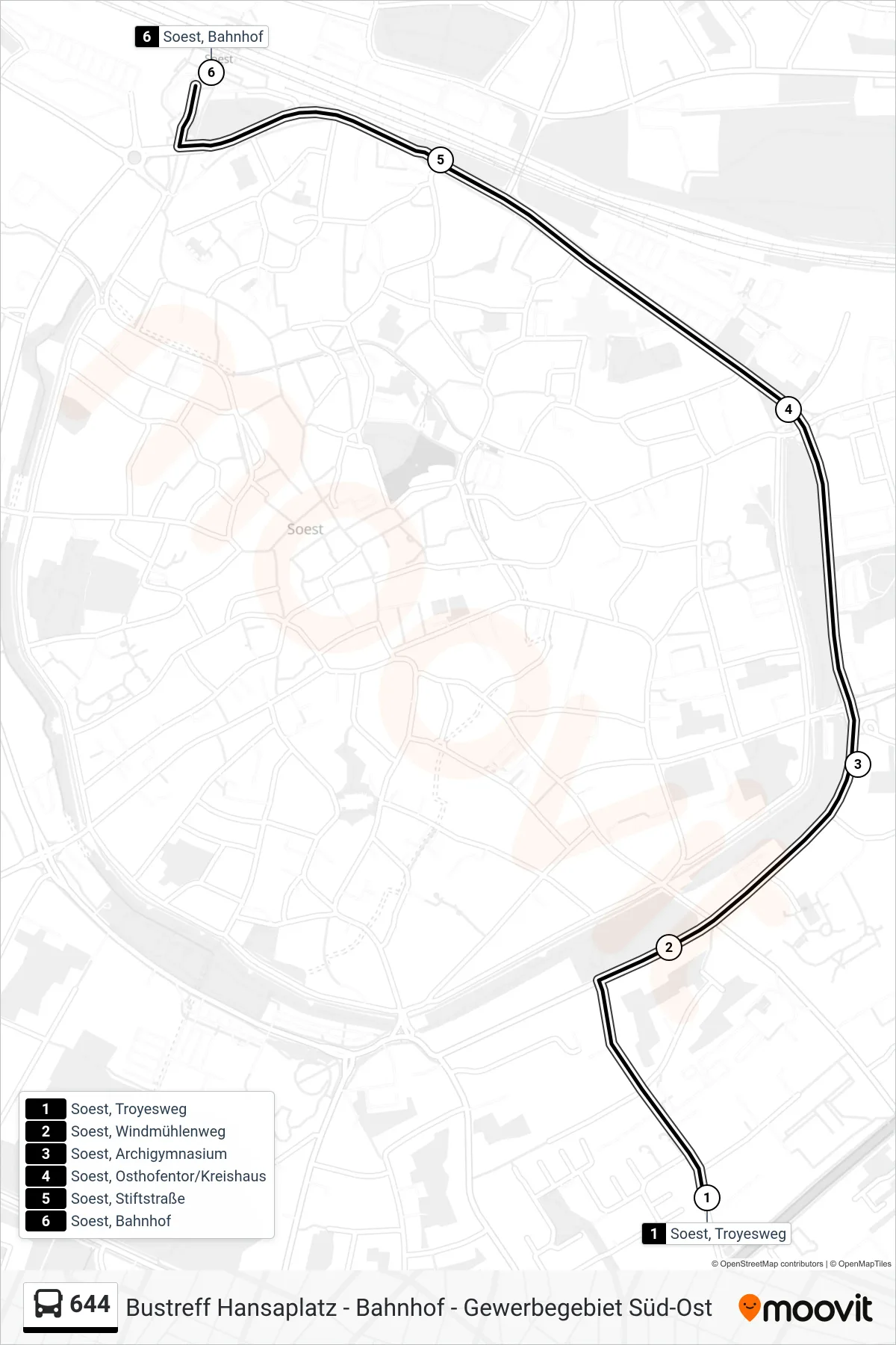 644 bus Line (Soest, Bahnhof A) route and stops on a map
