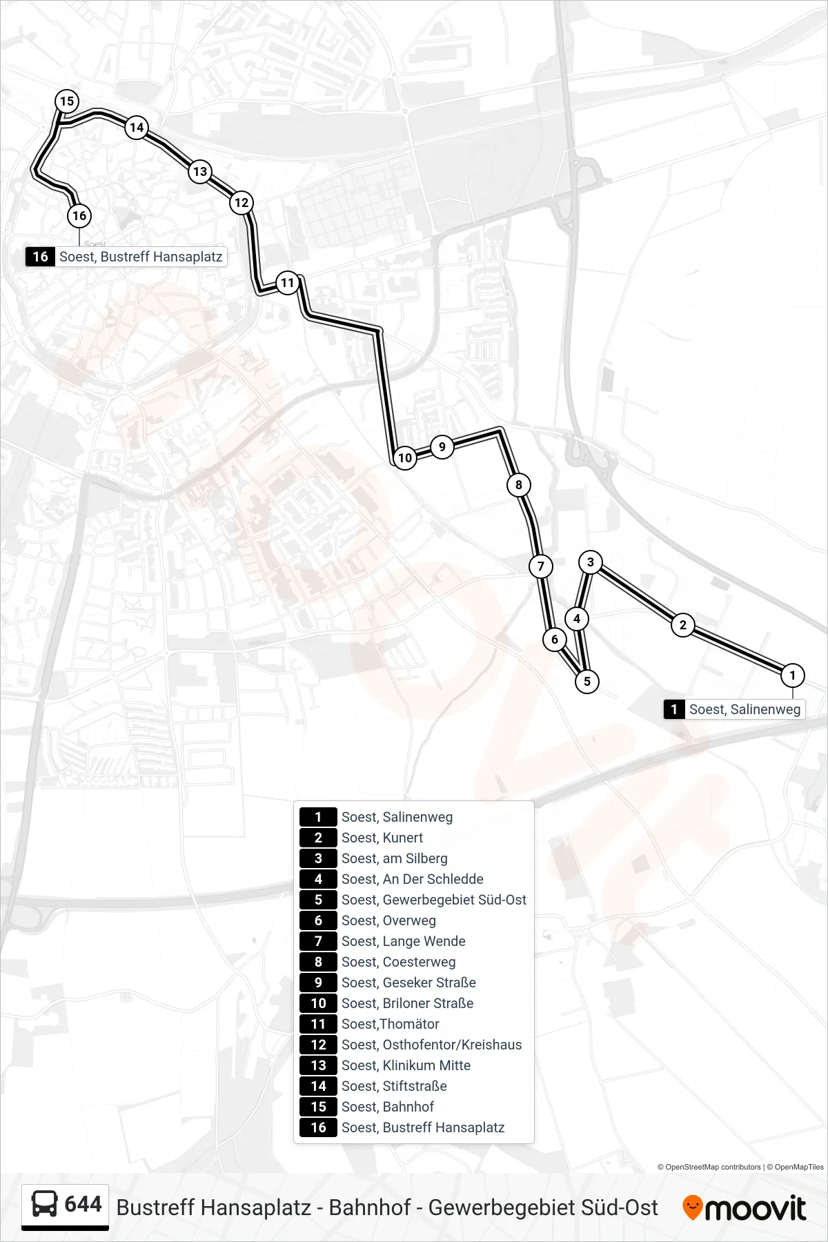 Linie 644 (Bus) Richtung Soest, Bustreff Hansaplatz D: Route und Haltestellen auf der Karte