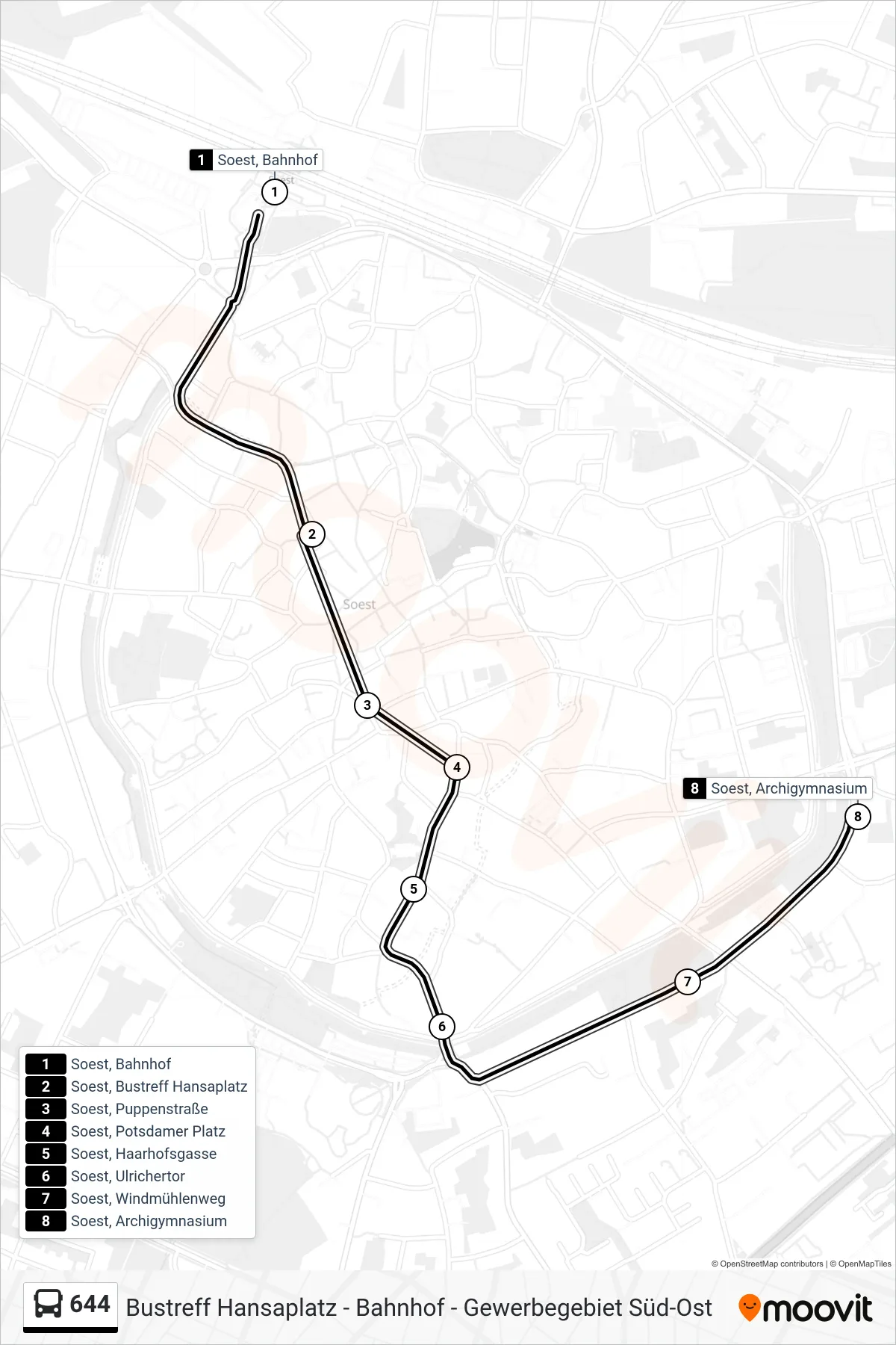644 bus Line (Soest, Archigymnasium) route and stops on a map