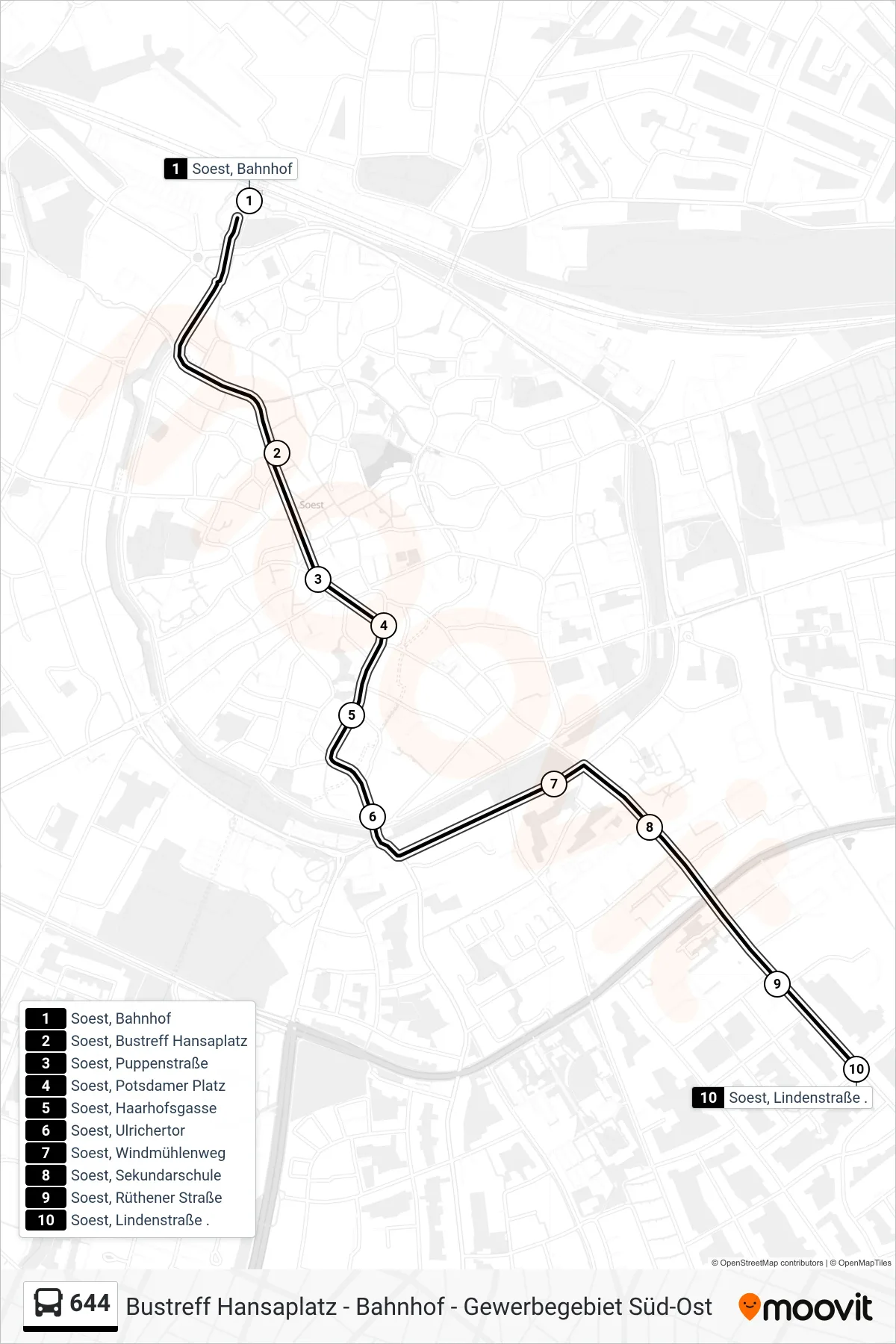 Linie 644 (Bus) Richtung Soest, Lindenstraße .: Route und Haltestellen auf der Karte