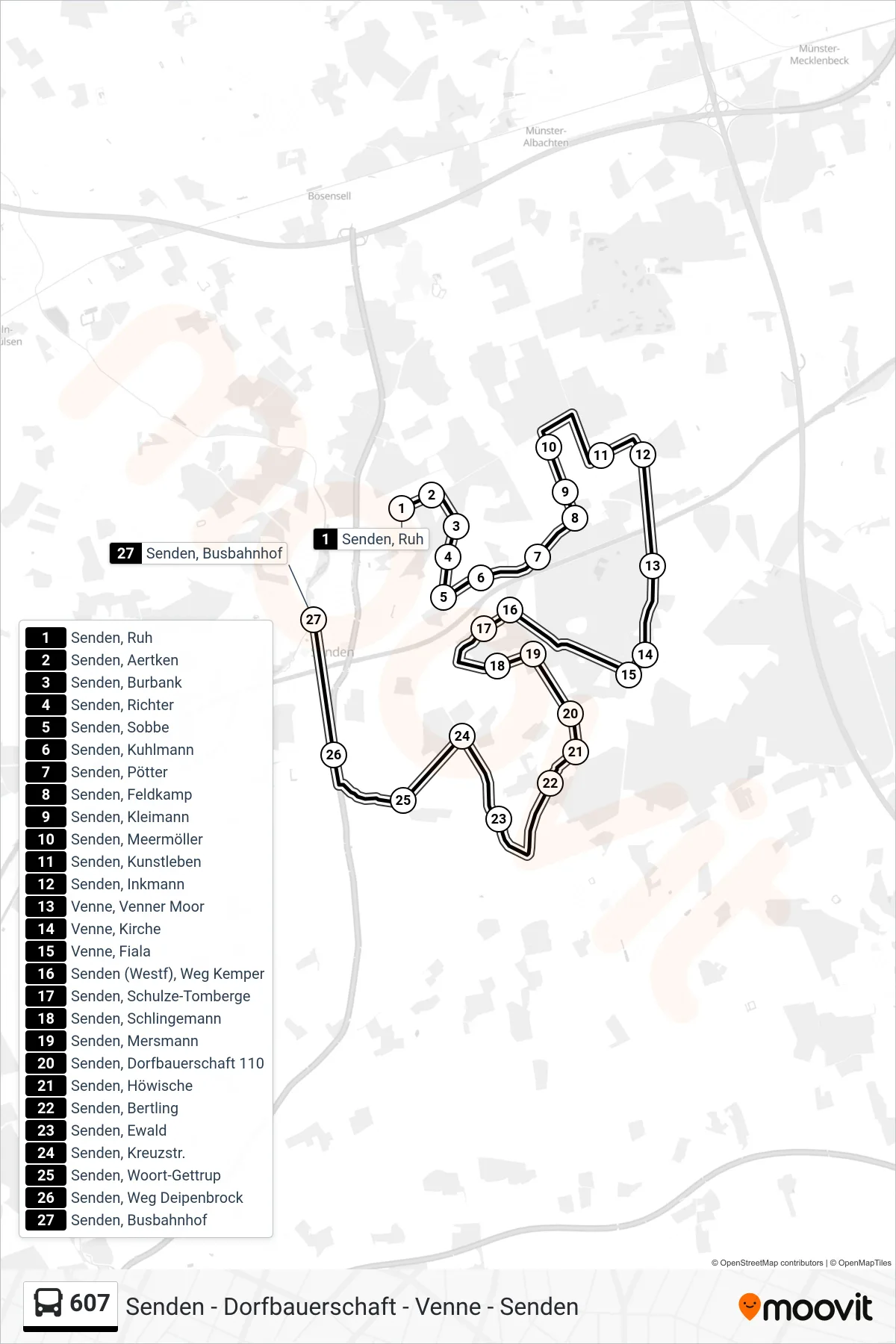 Linie 607 (Bus) Richtung Senden, Busbahnhof Bstg C: Route und Haltestellen auf der Karte