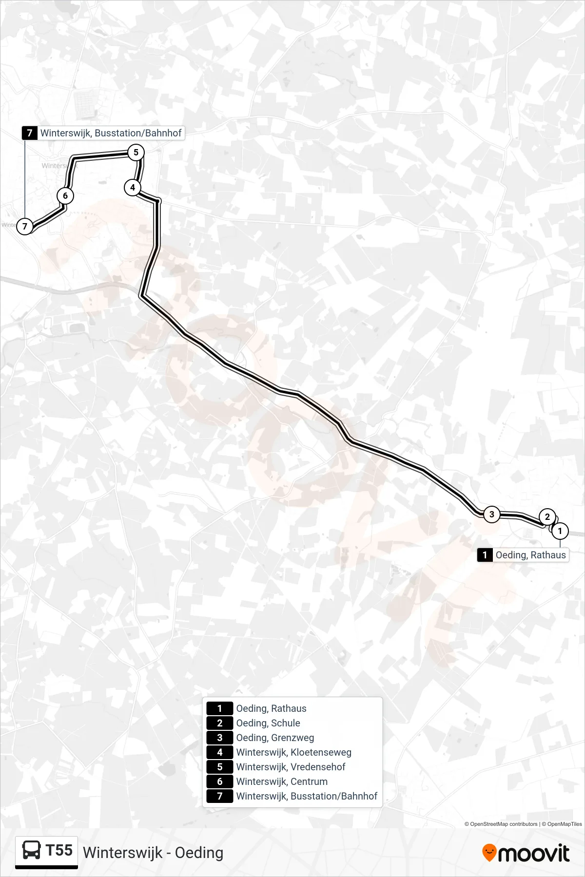 T55 bus Line (Winterswijk, Busstation/Bahnhof) route and stops on a map