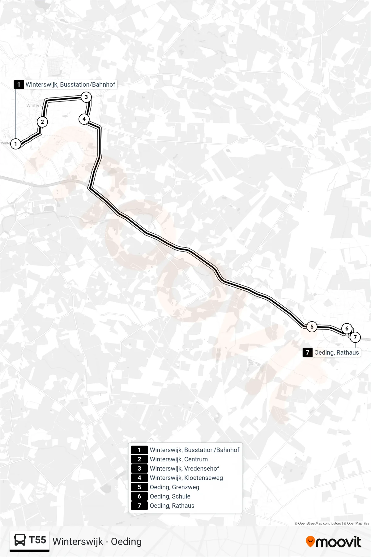 Linie T55 (Bus) Richtung Oeding, Rathaus: Route und Haltestellen auf der Karte